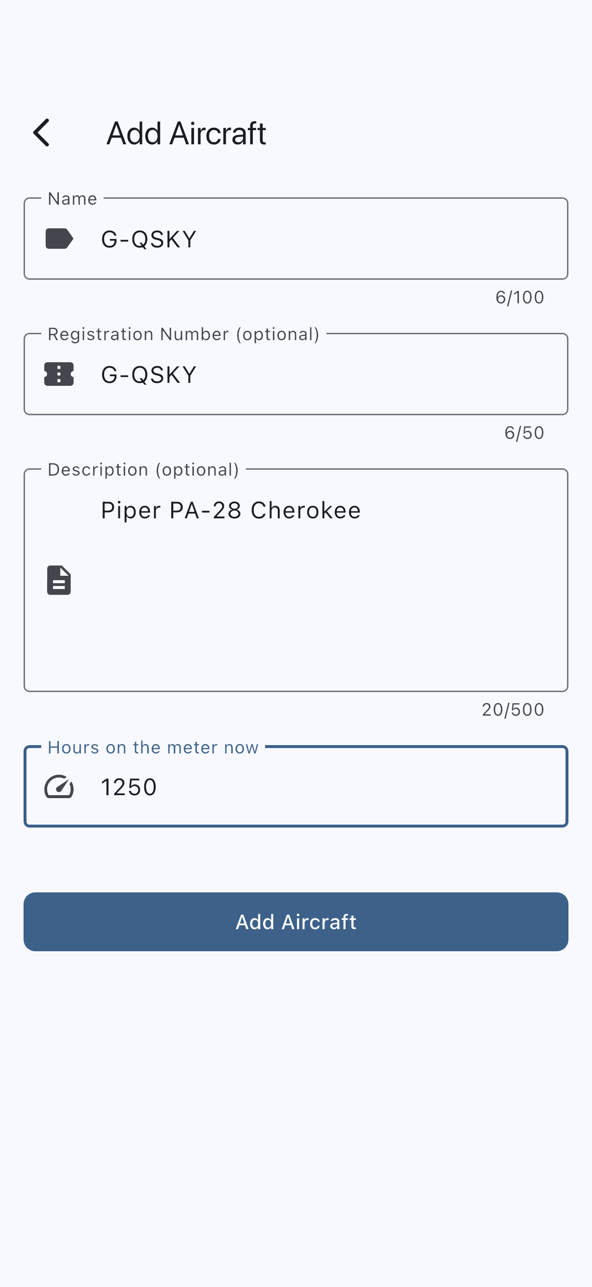 Add Aircraft screen filled in, with the Add Aircraft button directly under the hours-on-the-meter field and no Home Airfield field between them