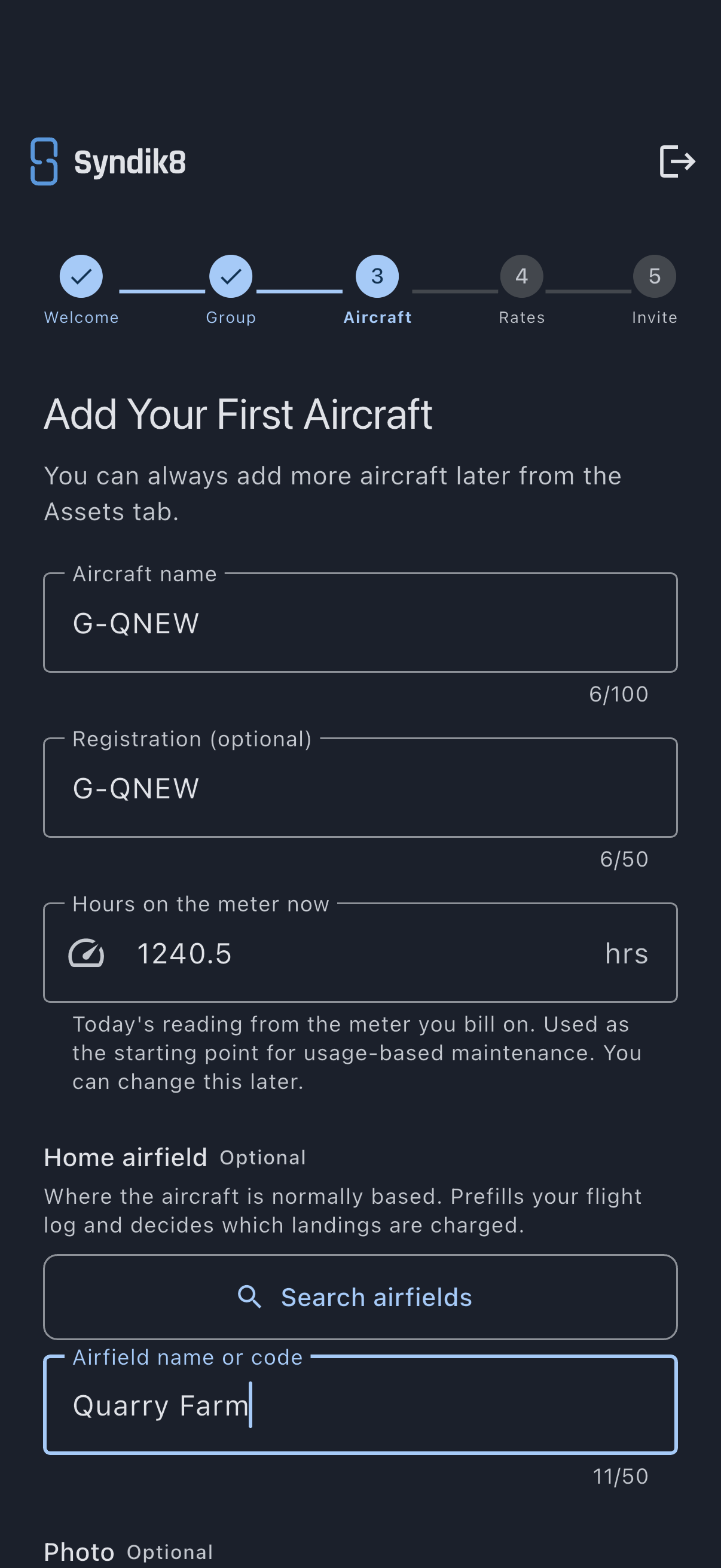 Add Your First Aircraft step with the aircraft name, registration and hours-on-the-meter fields filled in, and a home airfield typed in by hand