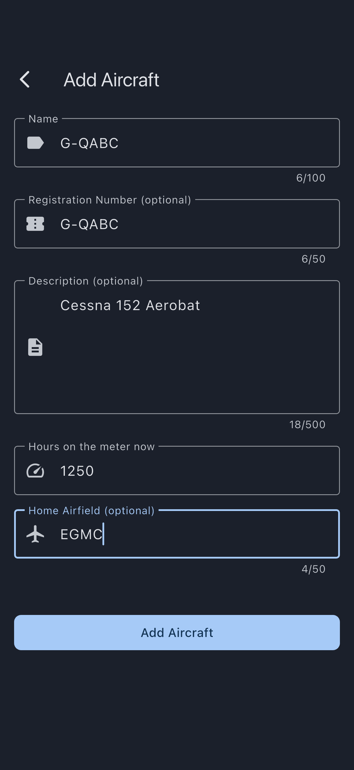 The Add Aircraft form with the name, registration, description and Hours on the meter now filled in, and the Home Airfield field shown for a syndicate that already has an aircraft