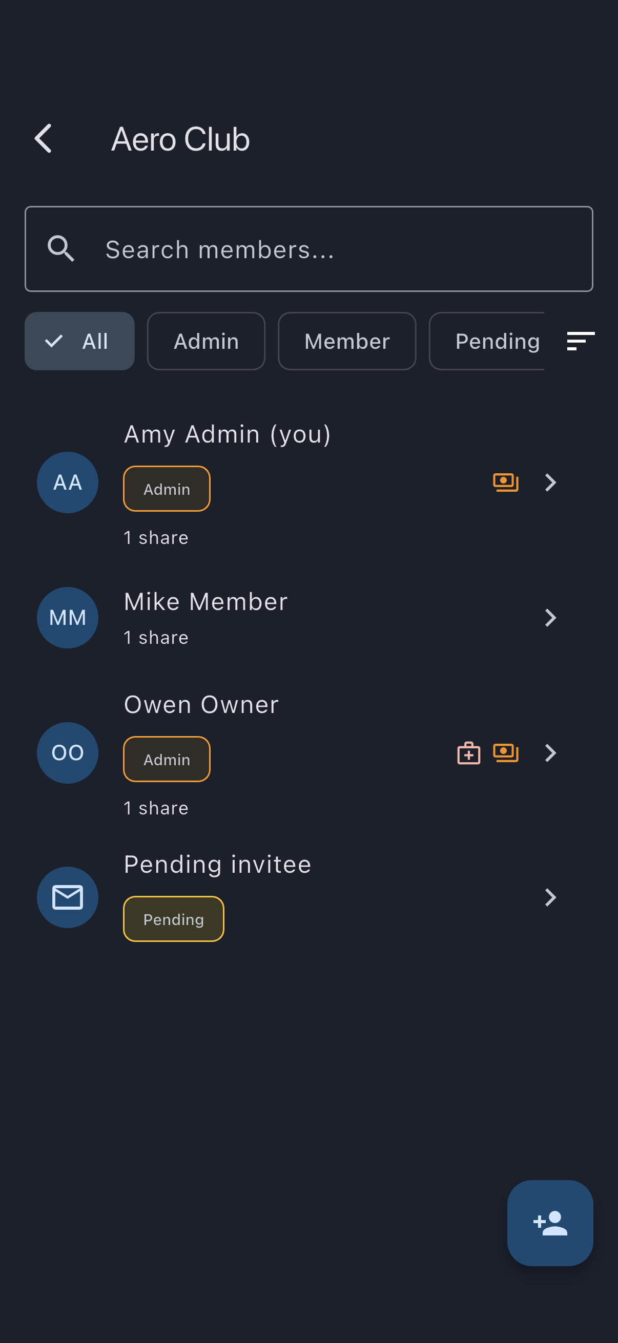 Admin members list with a small red medical glyph on the one member who has no medical on file