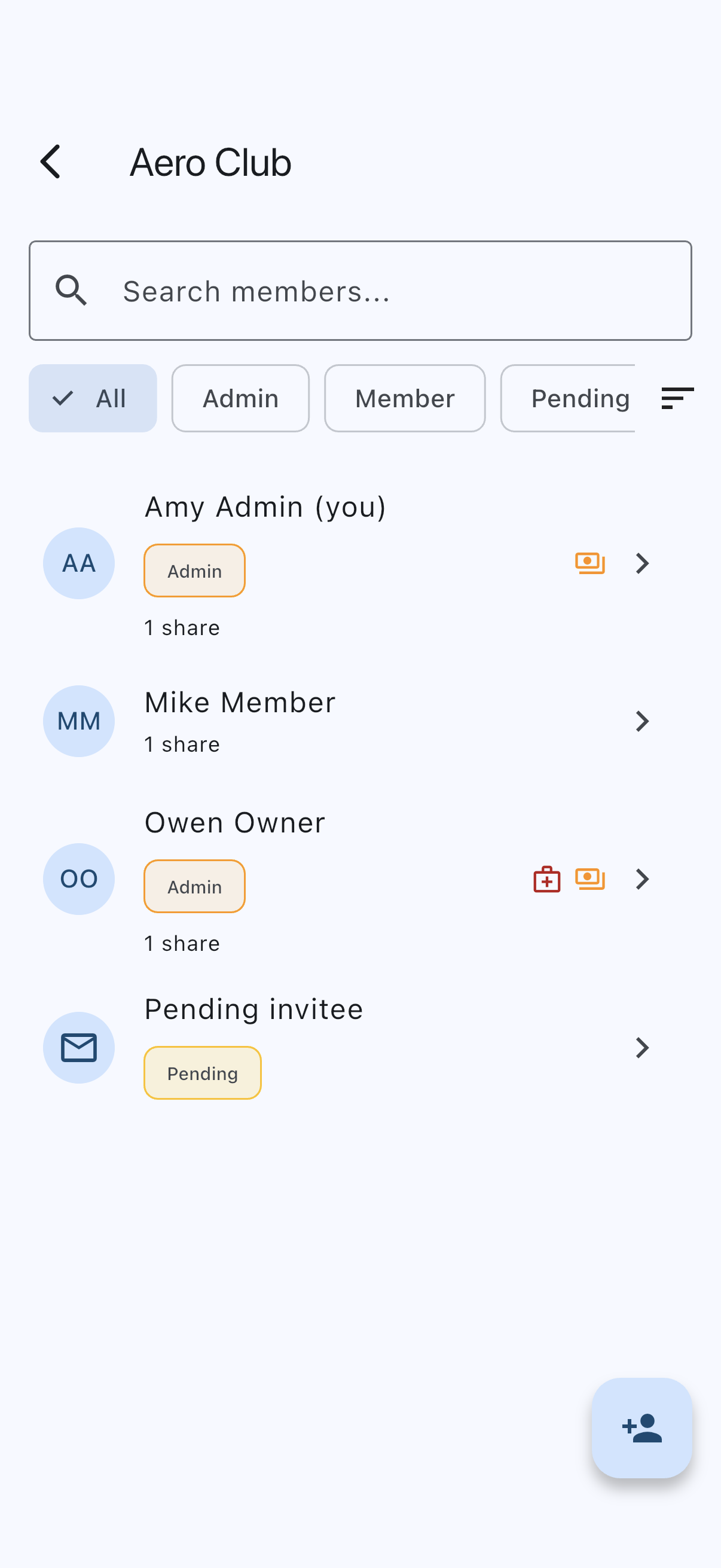 Admin members list with a small red medical glyph on the one member who has no medical on file
