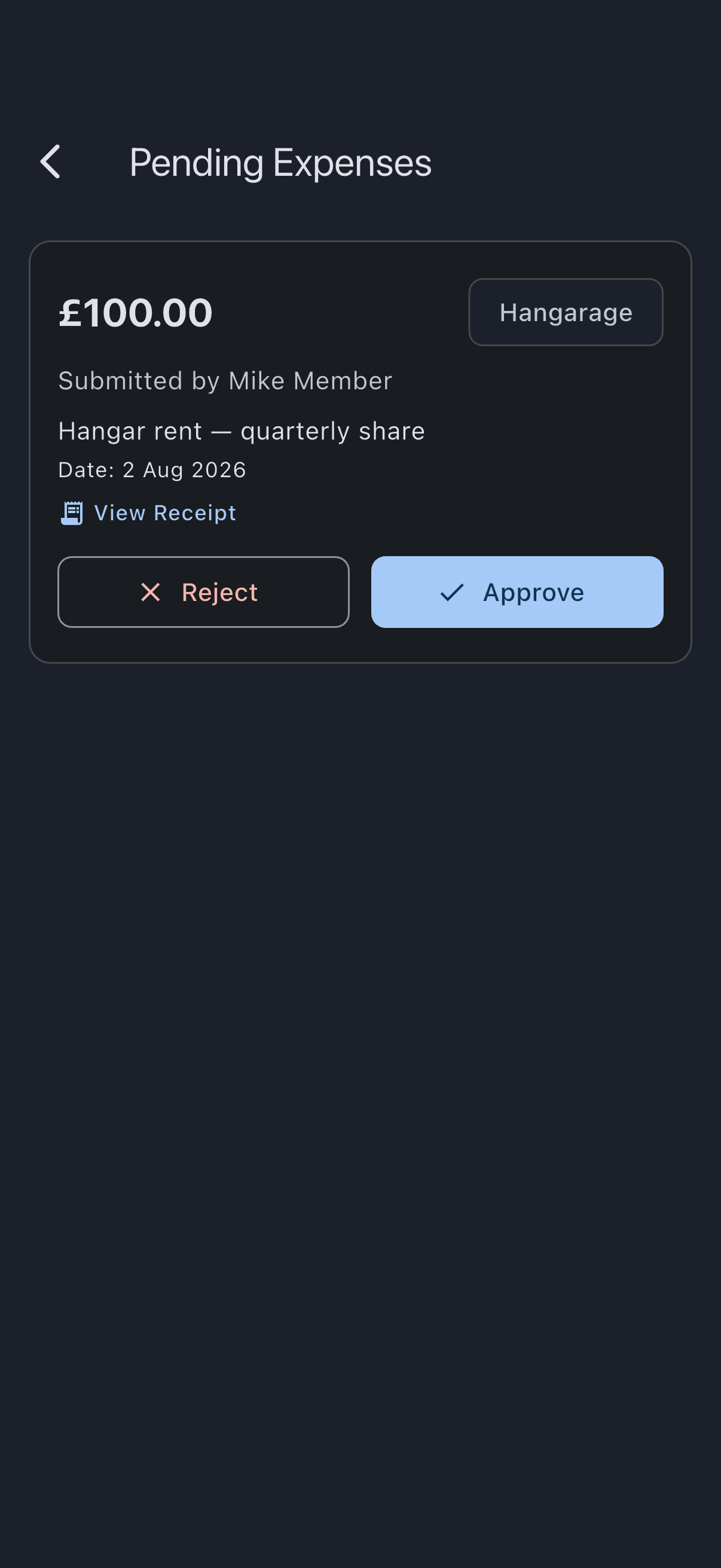 The pending expenses screen with an expense card showing the amount, description, category, date and submitting member, and the Approve and Reject buttons