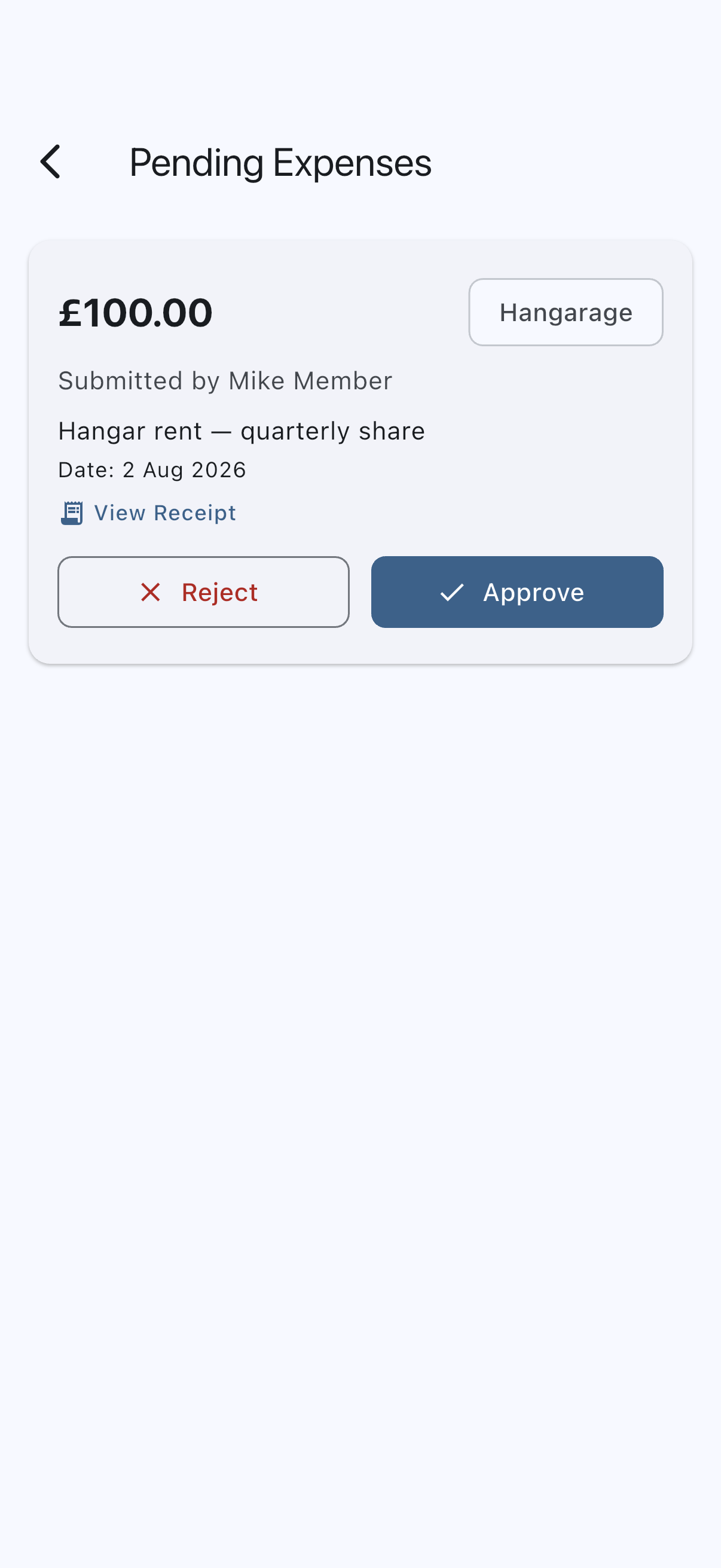 The pending expenses screen with an expense card showing the amount, description, category, date and submitting member, and the Approve and Reject buttons