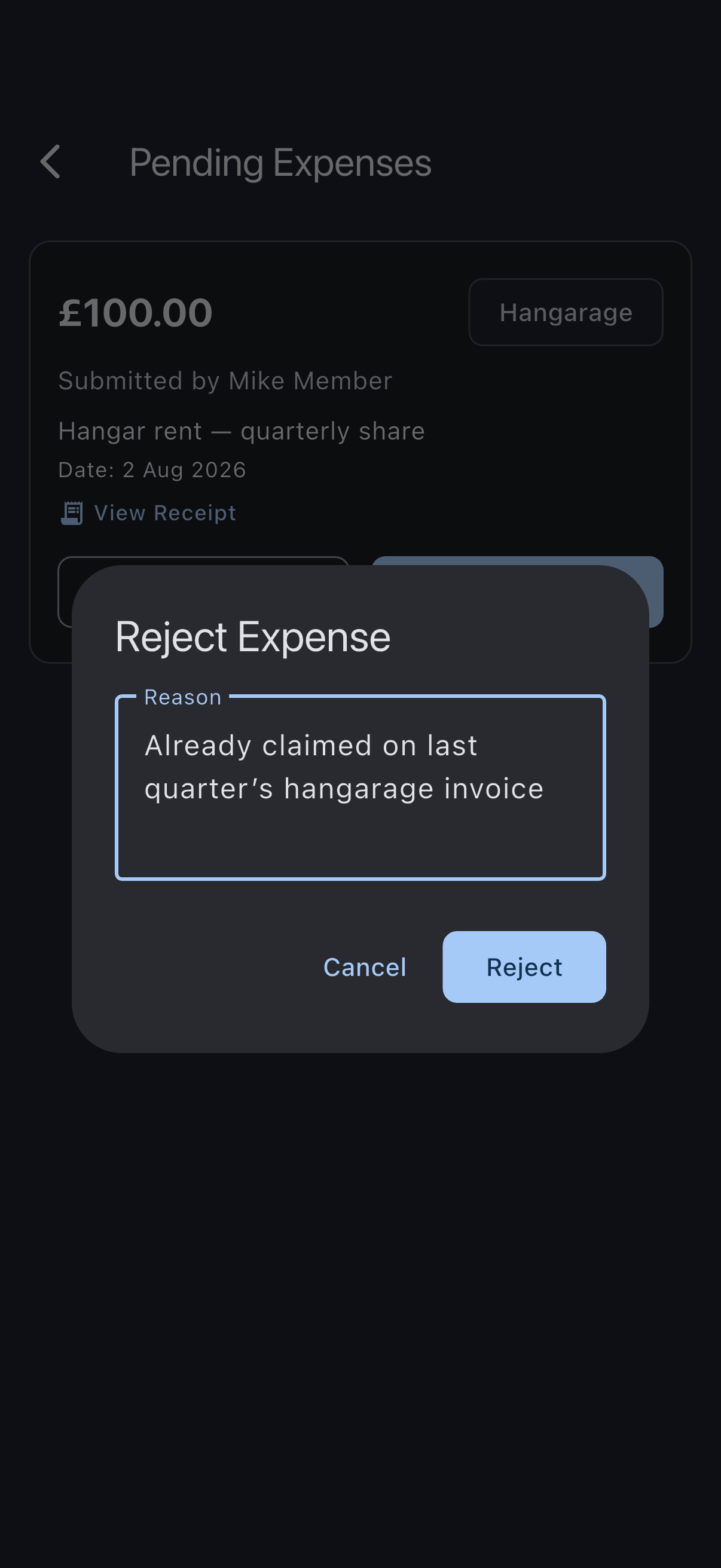 The Reject Expense dialog with a reason typed into the Reason field, above the Cancel and Reject buttons