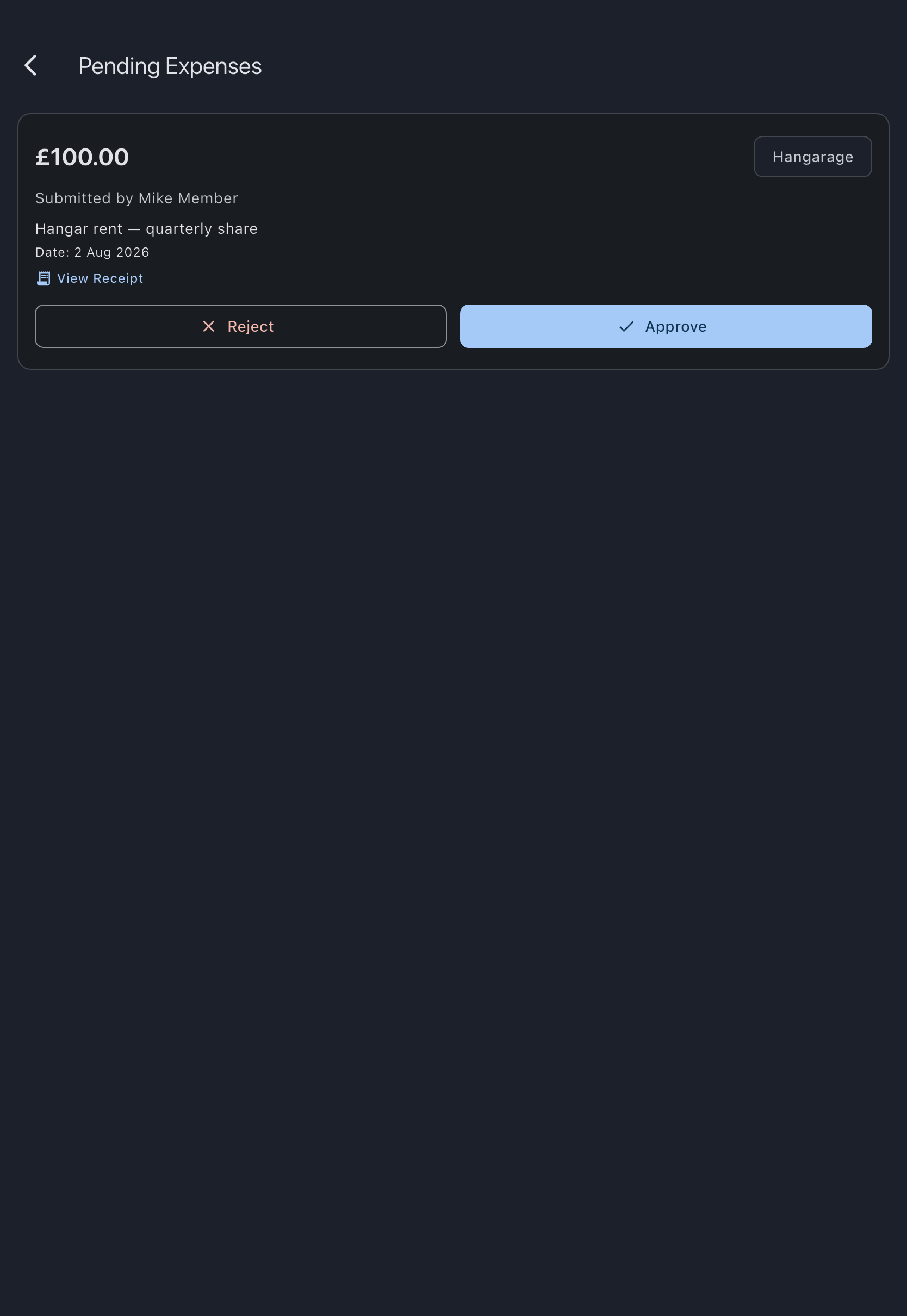 The pending expenses screen with an expense card showing the amount, description, category, date and submitting member, and the Approve and Reject buttons