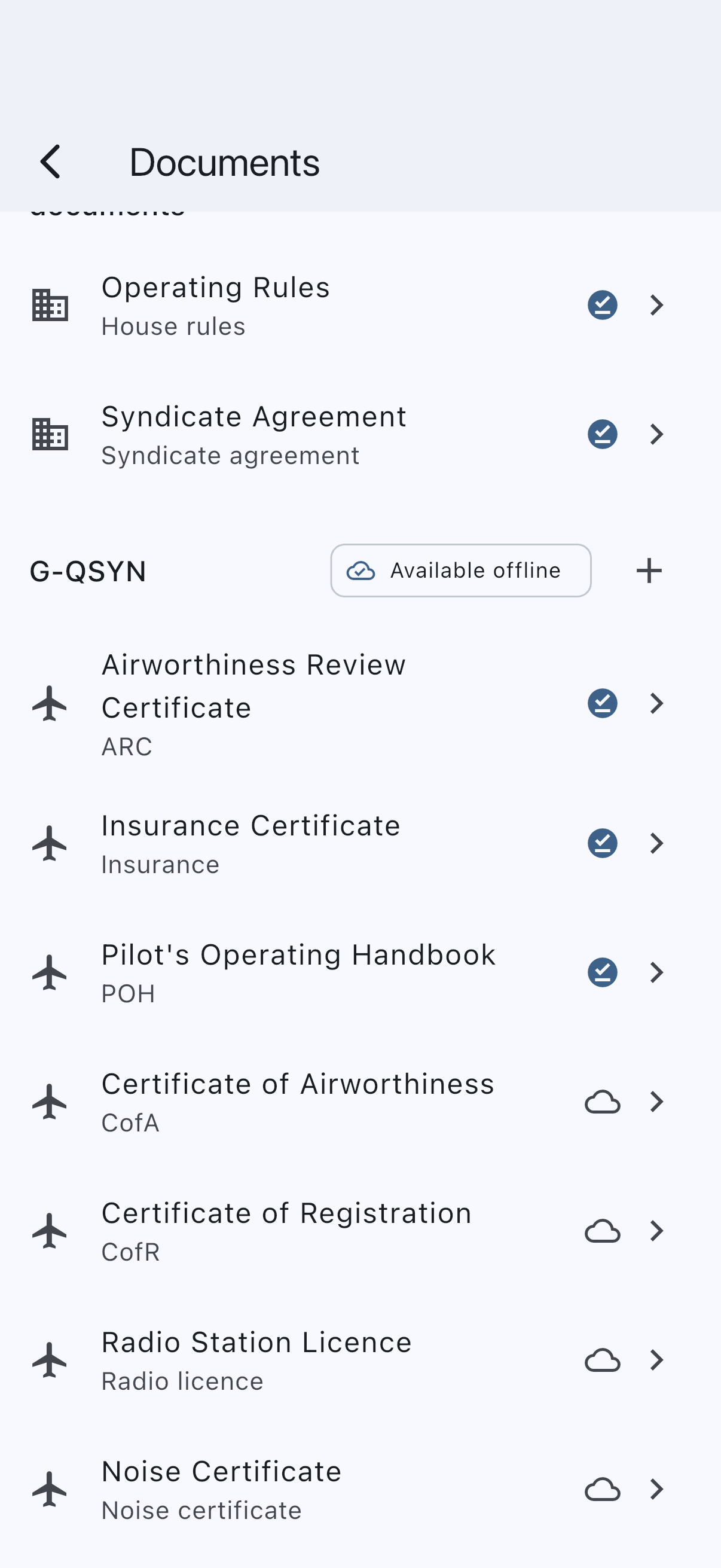 Asset section showing the full set of ship's papers: ARC, insurance, CofA, CofR, radio licence, noise certificate, POH