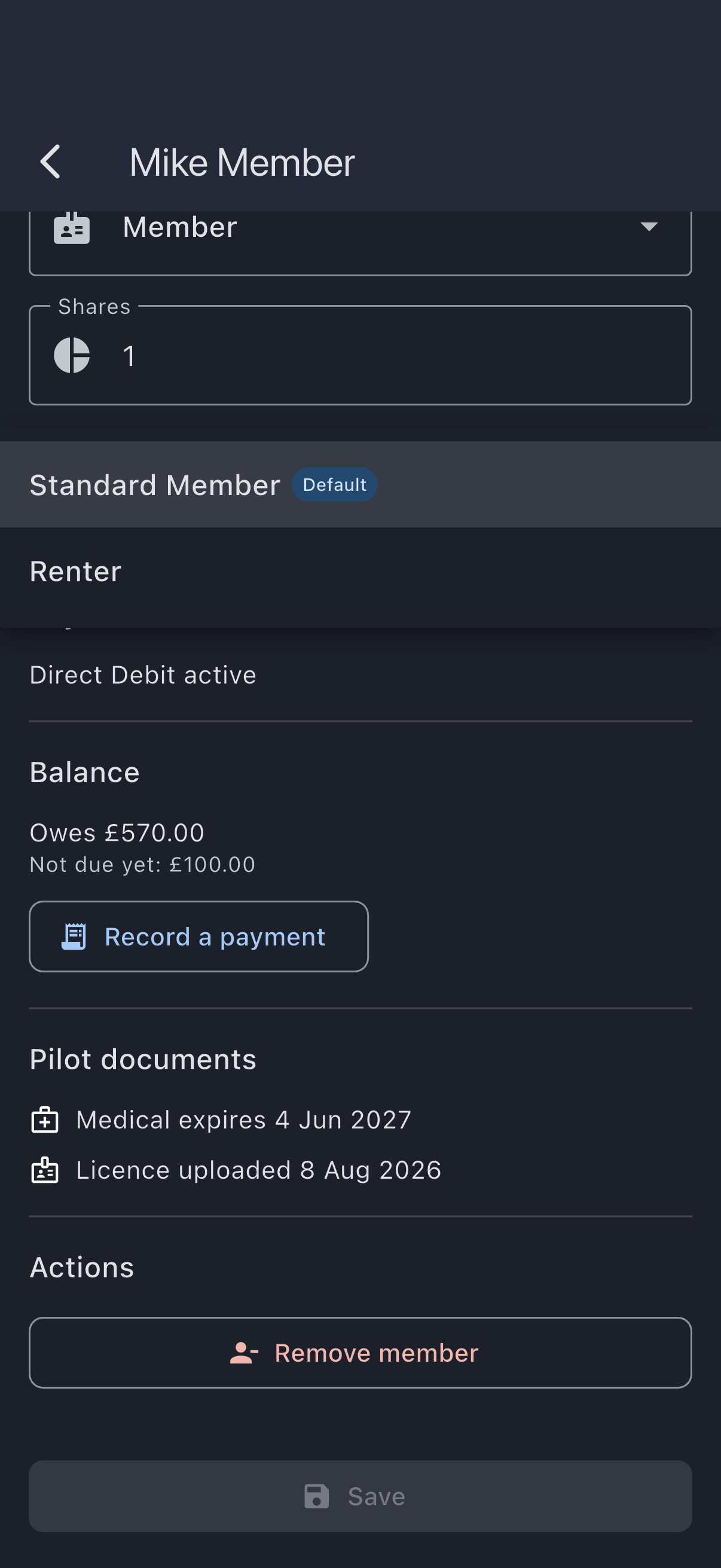 The edit-member screen with the Billing Scheme dropdown open, listing the syndicate's member rates
