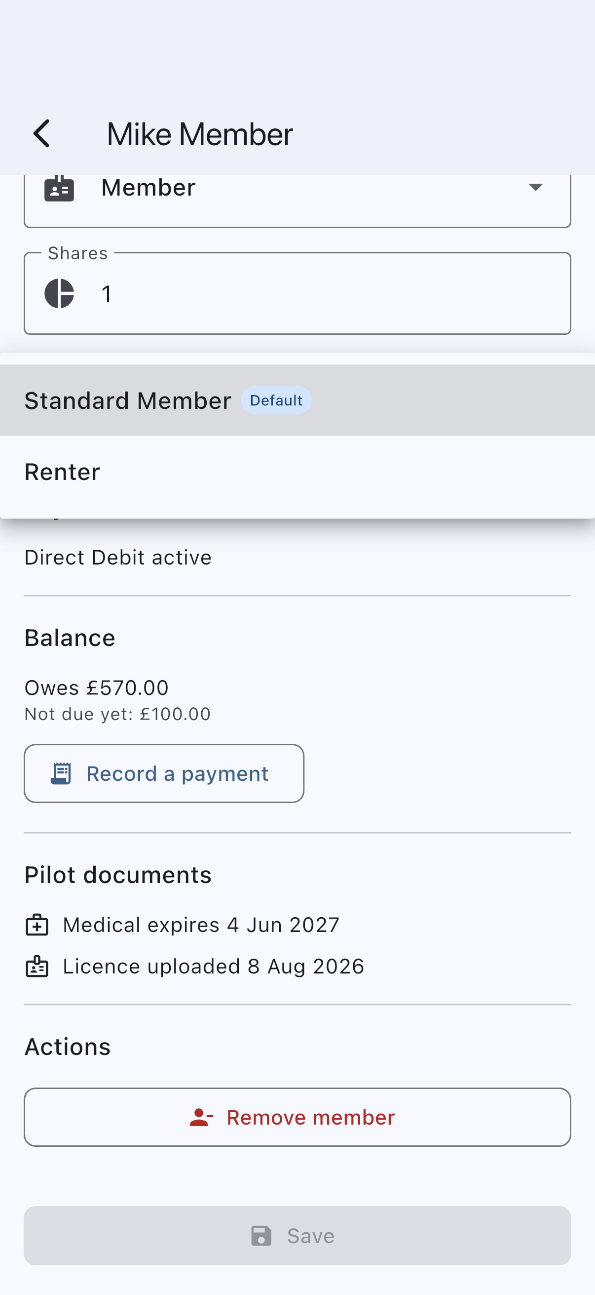 The edit-member screen with the Billing Scheme dropdown open, listing the syndicate's member rates
