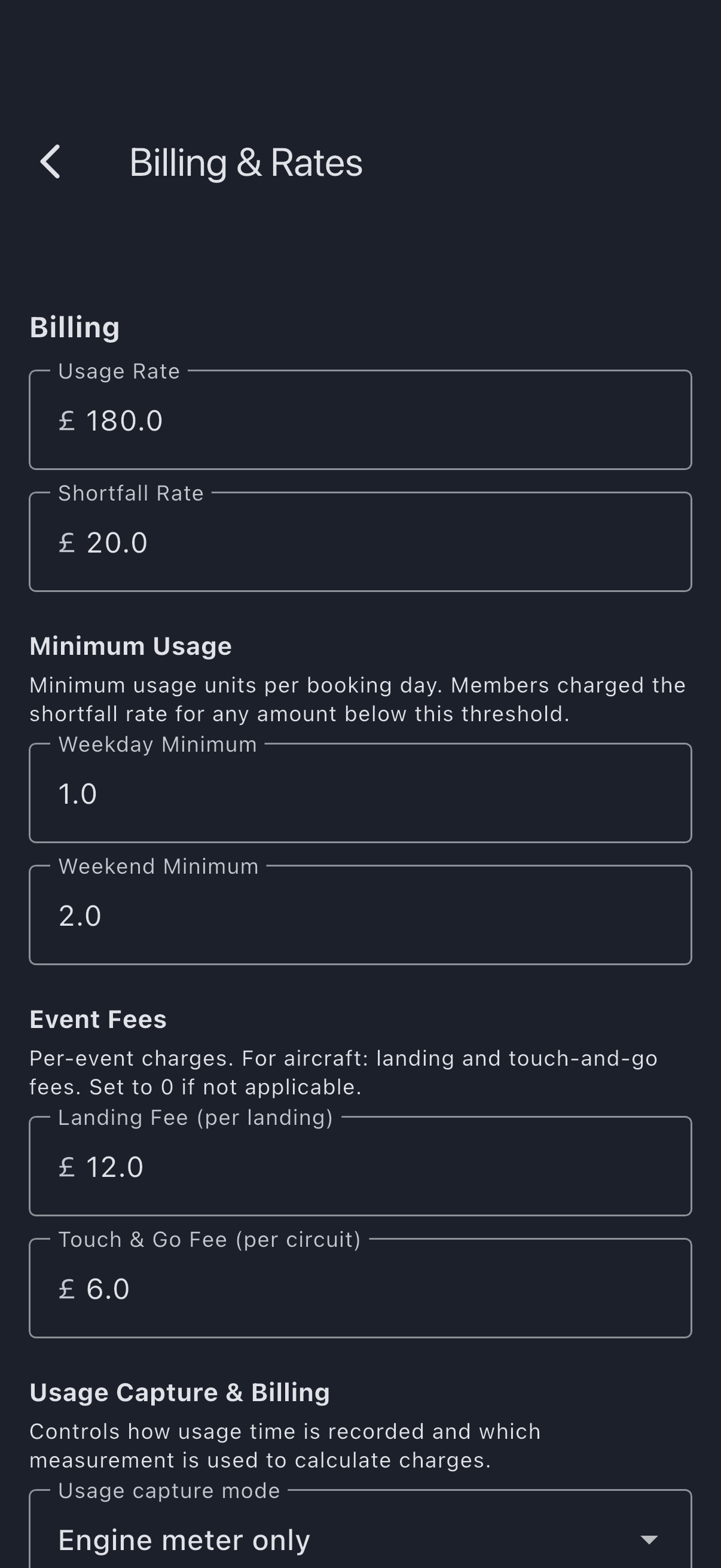 Billing & Rates screen showing usage rate, shortfall rate, and the Per-Scheme Rates table