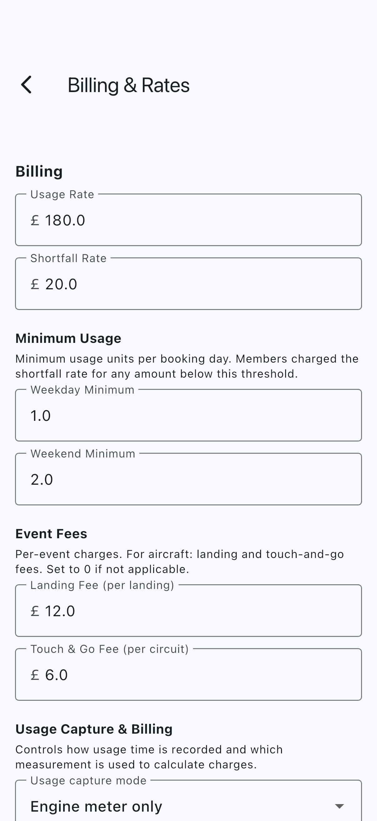 Billing & Rates screen showing usage rate, shortfall rate, and the Per-Scheme Rates table