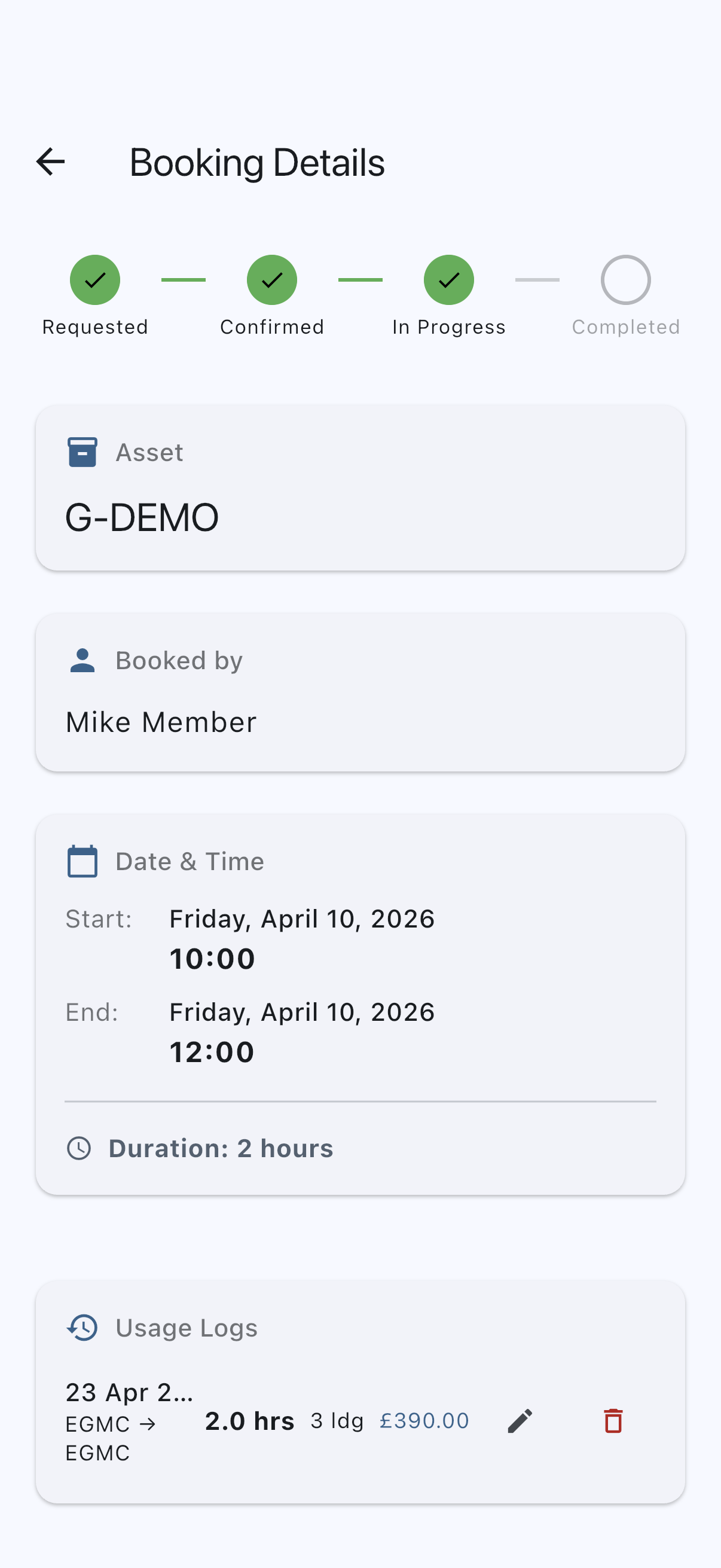 Booking detail screen showing the newly logged usage entry with Hobbs delta and landings