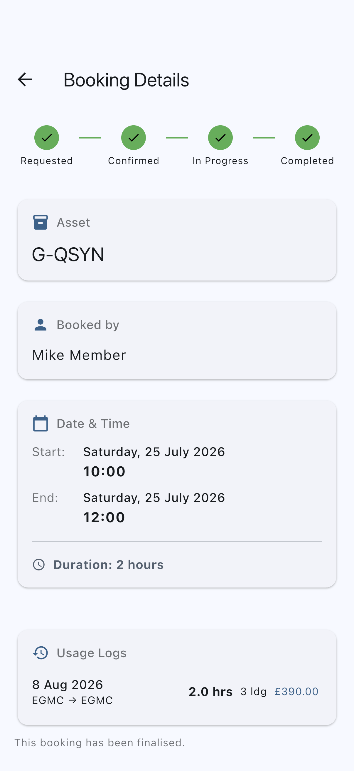 Booking detail screen showing the newly logged usage entry with Hobbs delta and landings