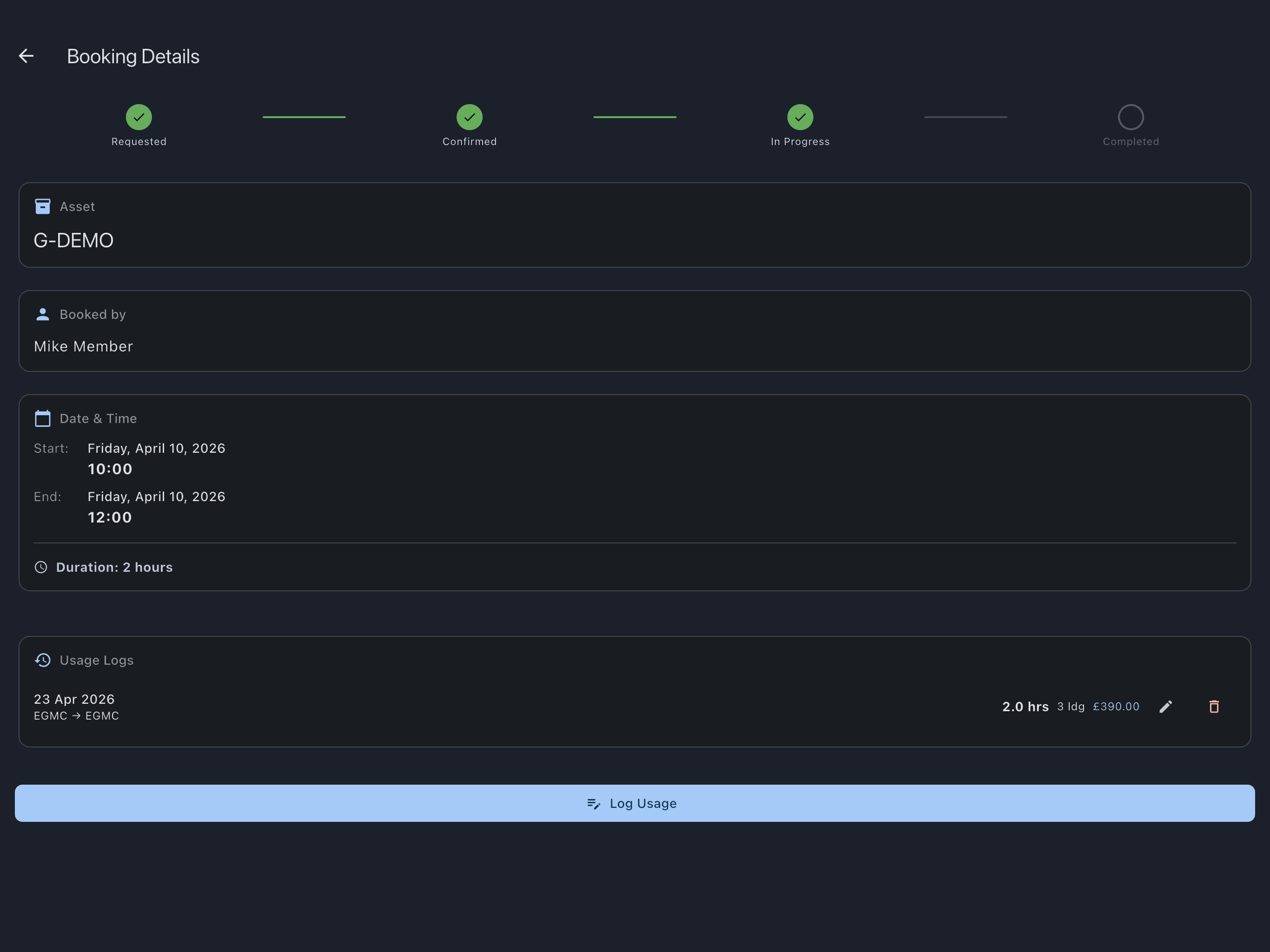 Booking detail screen showing the newly logged usage entry with Hobbs delta and landings