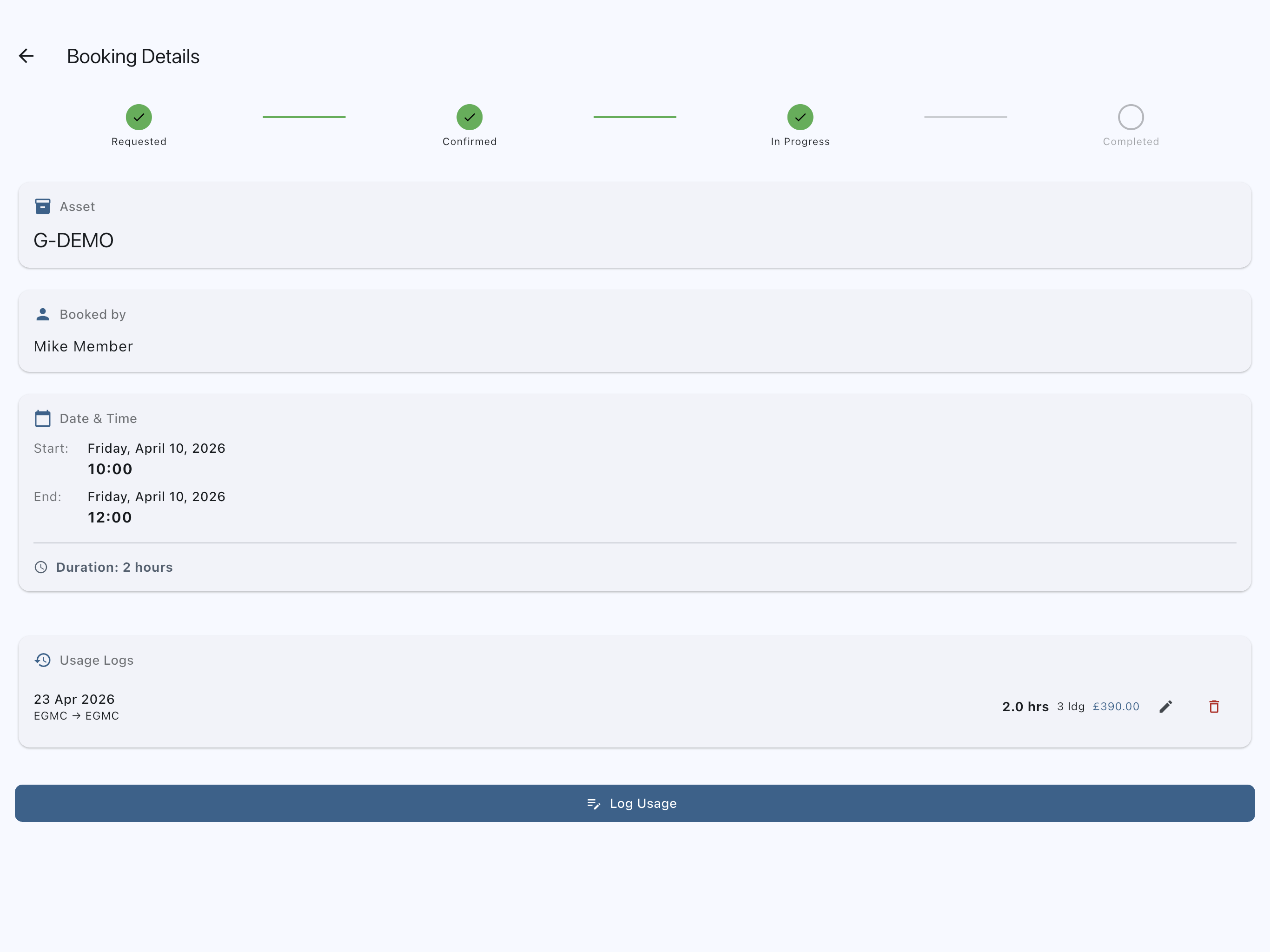 Booking detail screen showing the newly logged usage entry with Hobbs delta and landings