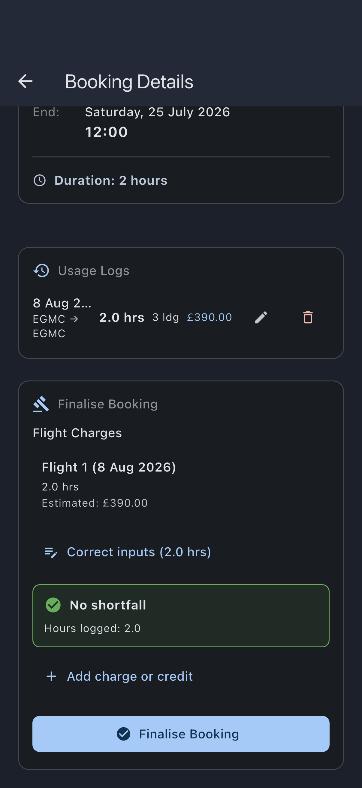 Booking detail Finalise Booking section with shortfall preview and finalise controls