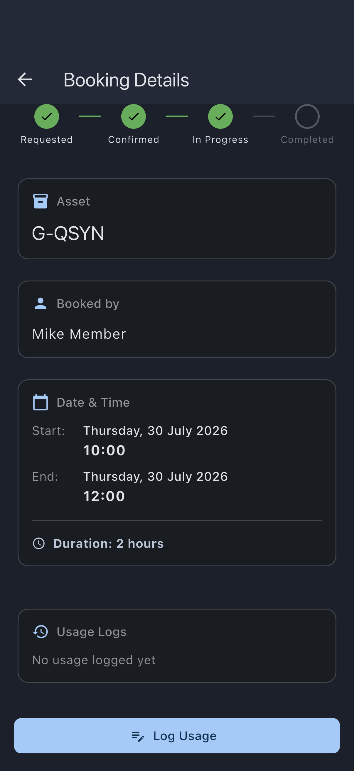 Booking detail screen with the Log Usage button near the bottom