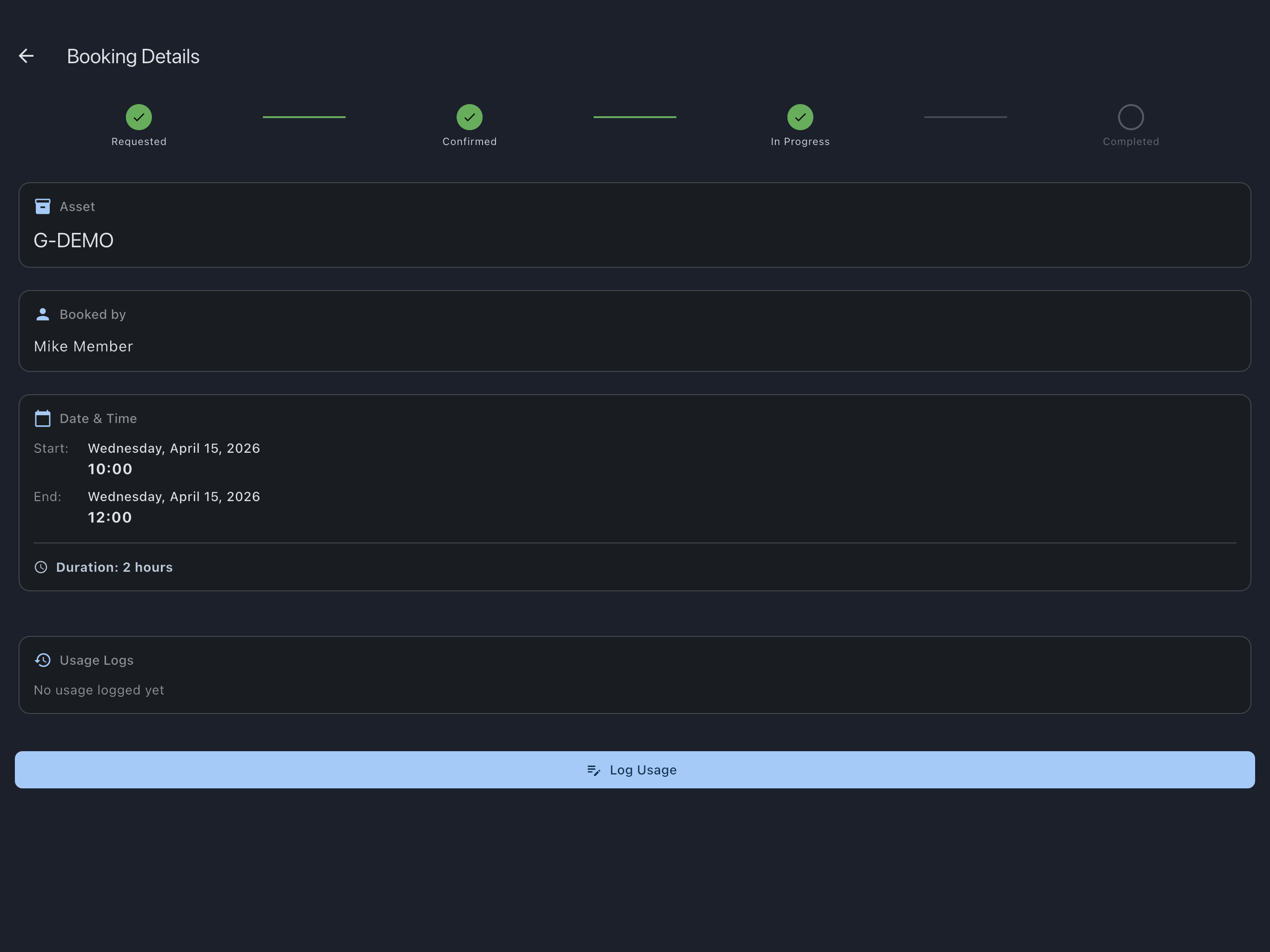 Booking detail screen with the Log Usage button near the bottom