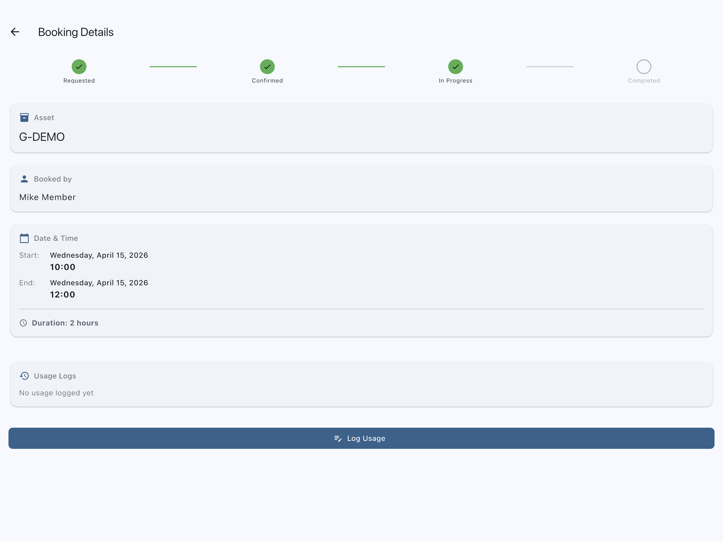 Booking detail screen with the Log Usage button near the bottom