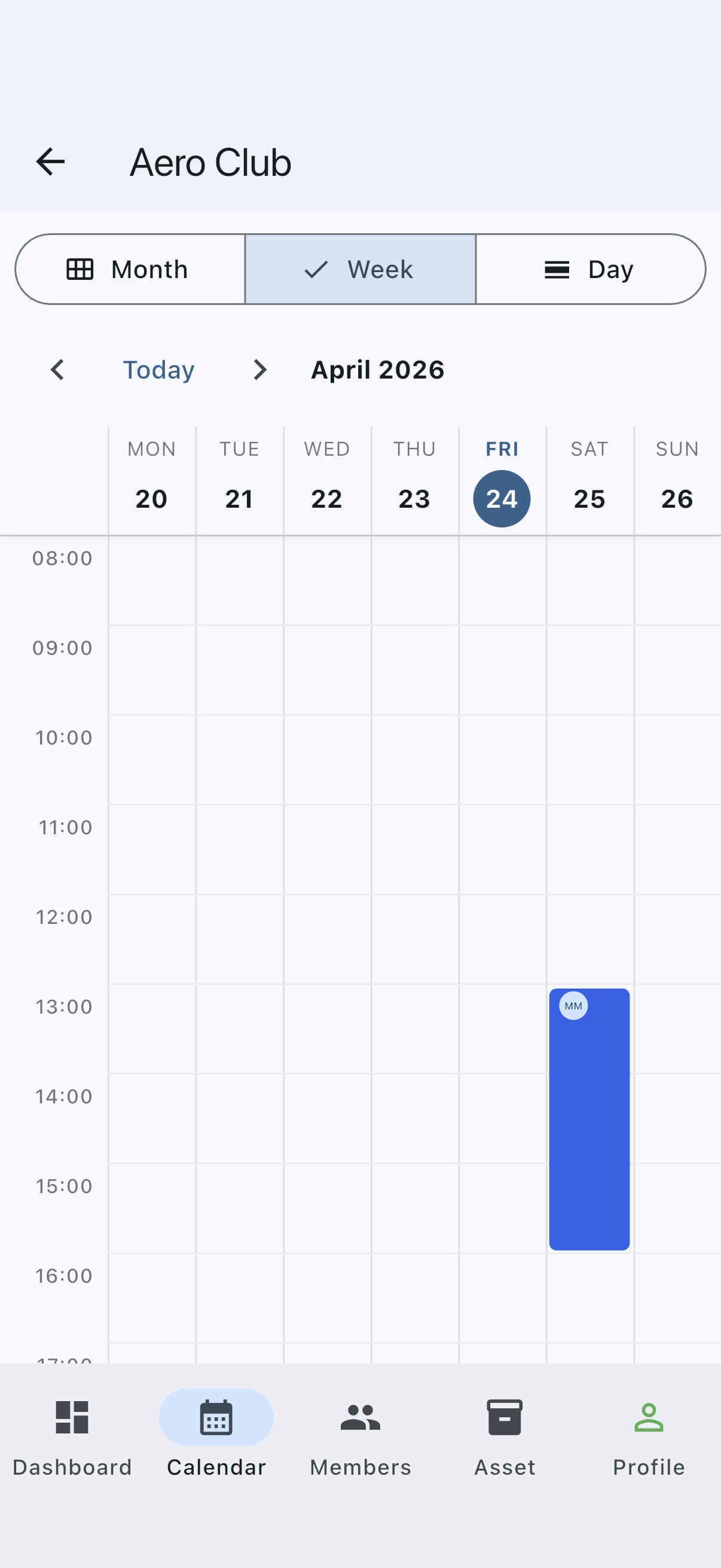 Calendar showing the newly created confirmed booking as a solid block