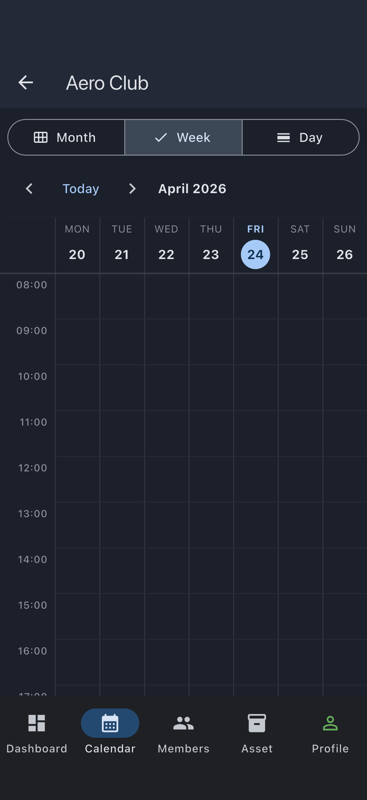 Calendar tab on the week view with no bookings yet