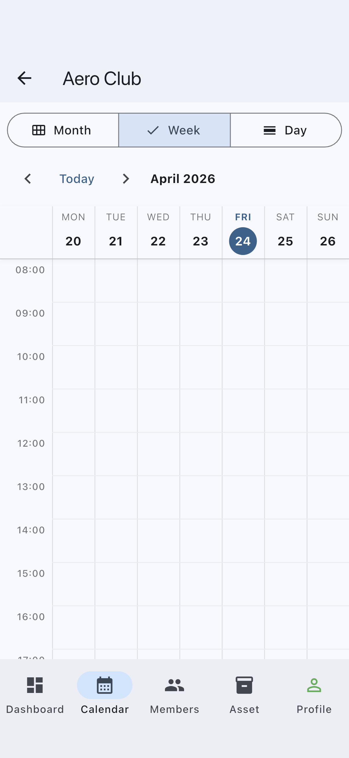 Calendar tab on the week view with no bookings yet