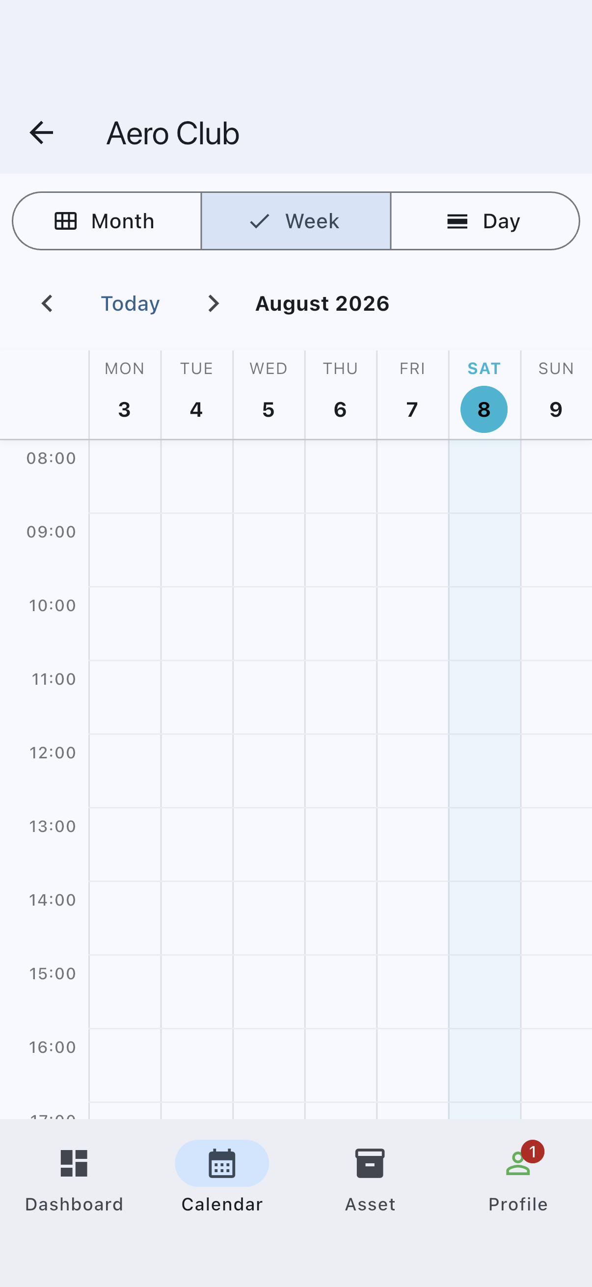 Calendar tab on the week view with no bookings yet