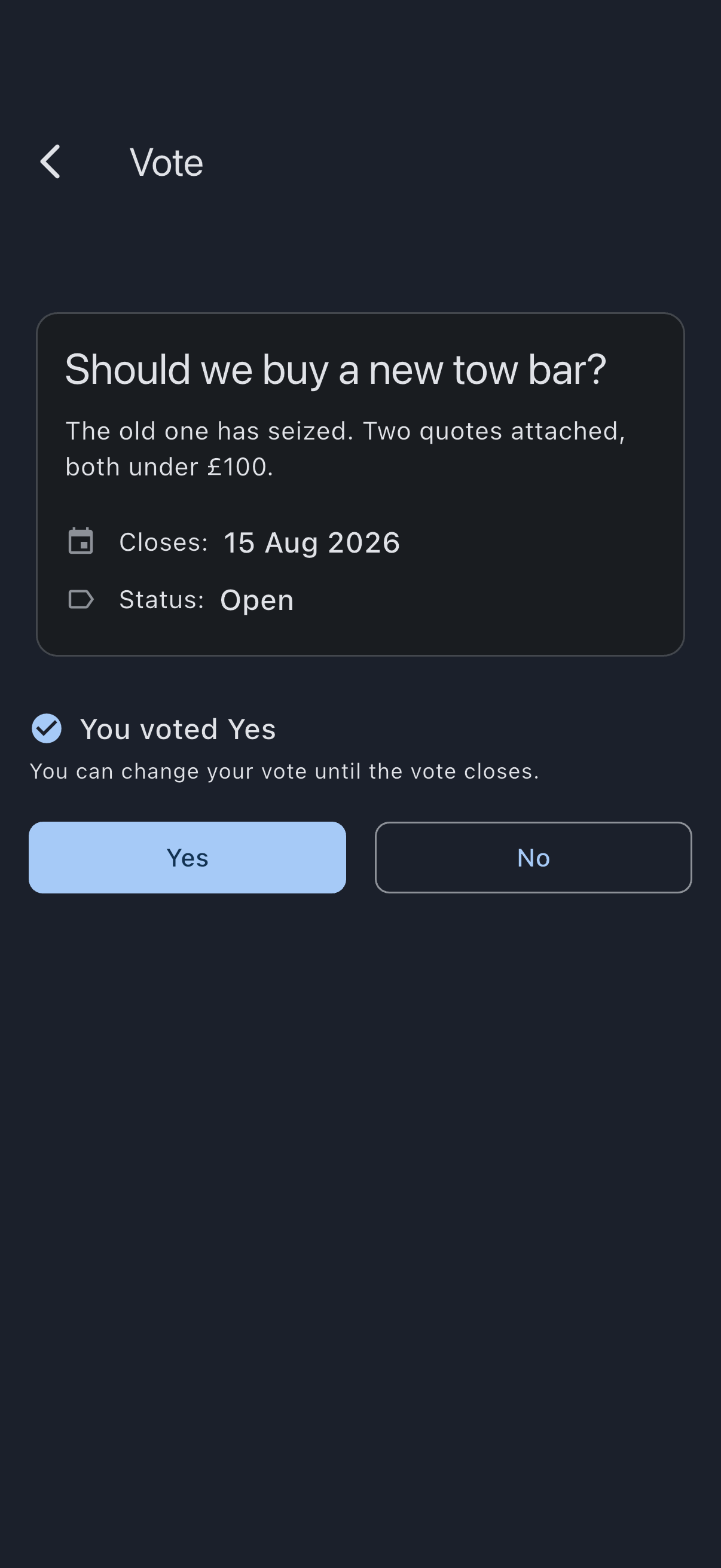 The same vote after voting, reading You voted Yes above the note that you can change your vote until the vote closes, with the Yes and No buttons still available