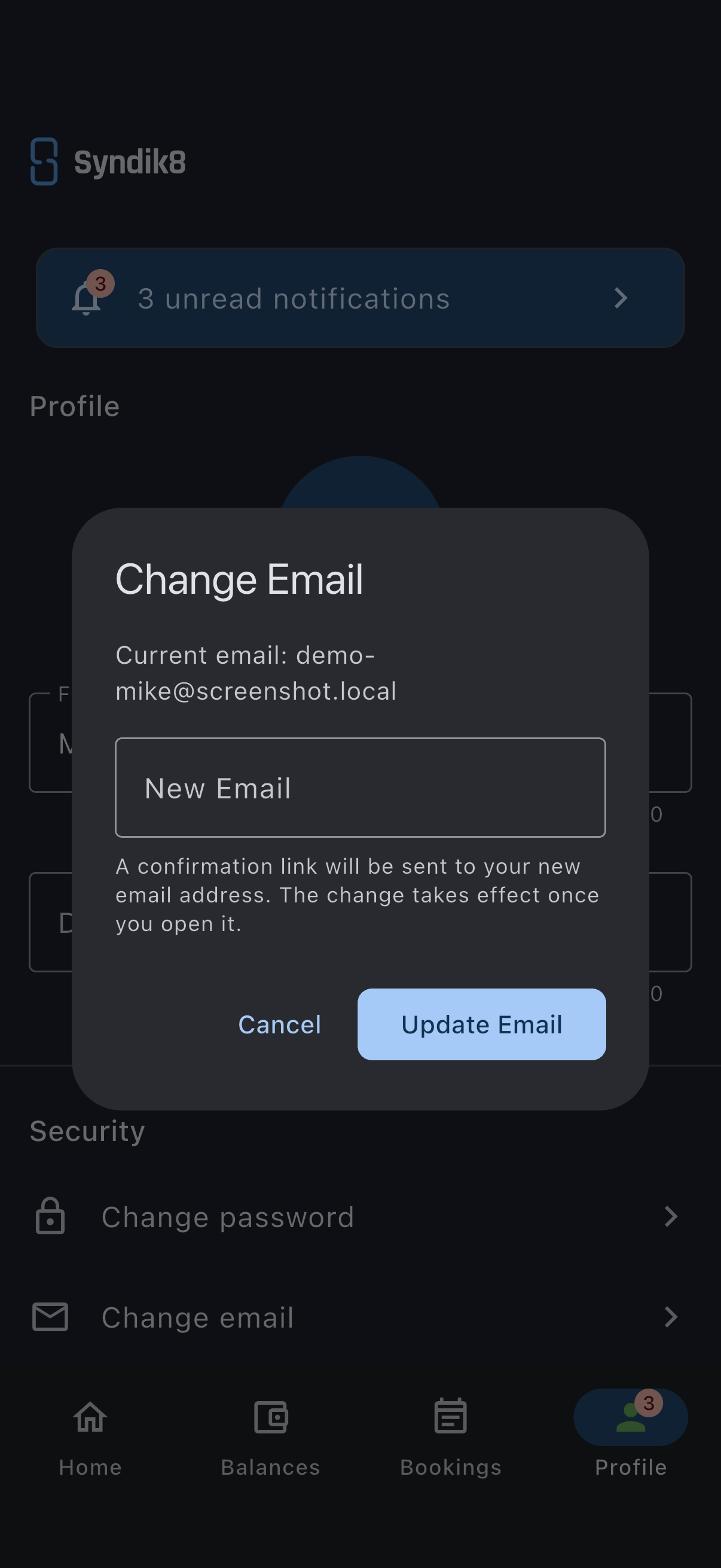The Change Email dialog showing the current address above an empty New Email field, with a note that a confirmation link will be sent to the new address and that the change takes effect once it is opened, and Cancel and Update Email buttons below