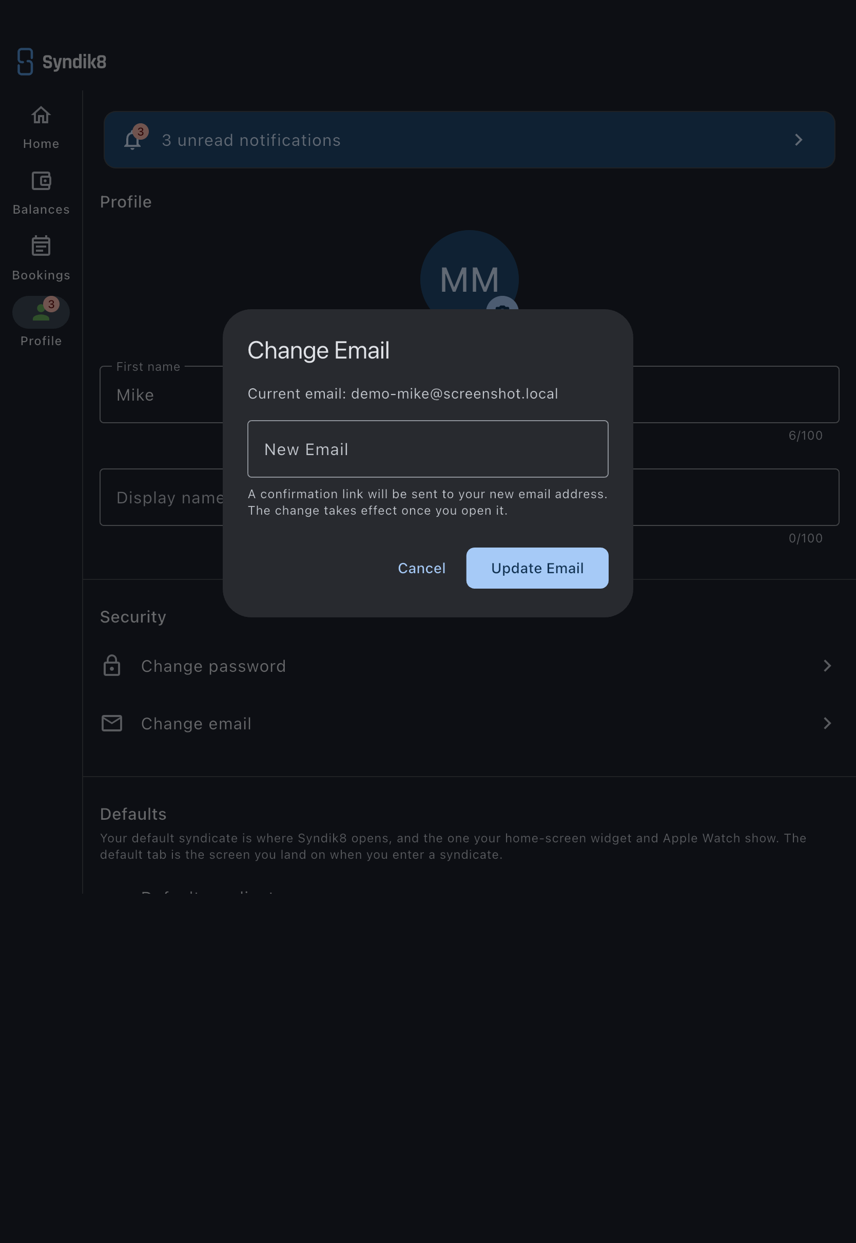The Change Email dialog showing the current address above an empty New Email field, with a note that a confirmation link will be sent to the new address and that the change takes effect once it is opened, and Cancel and Update Email buttons below