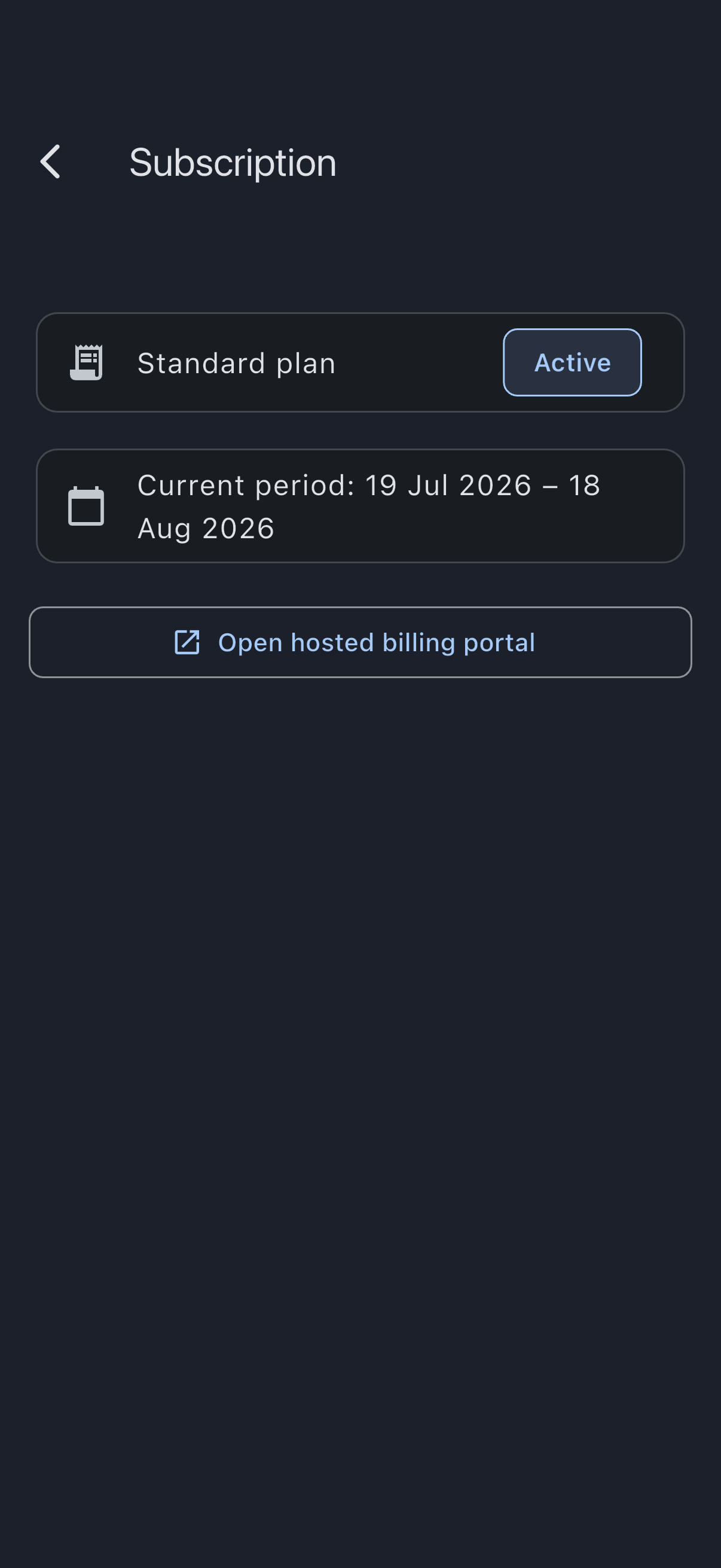 The Subscription screen on the web, showing the plan card with the plan name, its status and the current billing period, above the Open hosted billing portal button