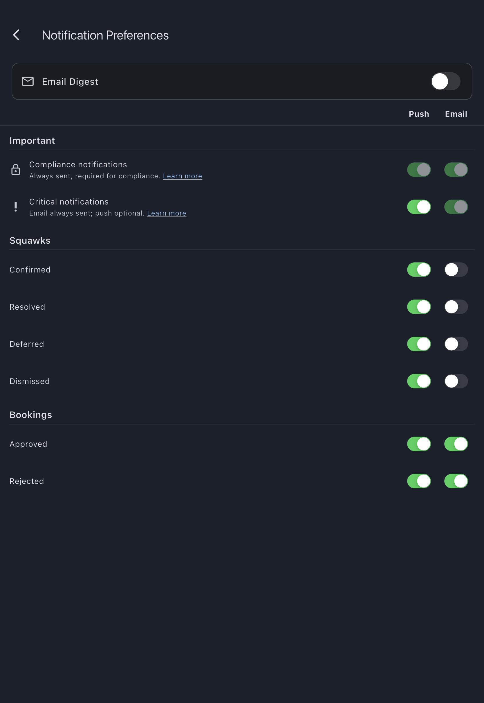 The Notification Preferences screen showing the collapsed Email Digest card, the Important header with its Compliance notifications and Critical notifications rows, and the sticky Push and Email column header below them