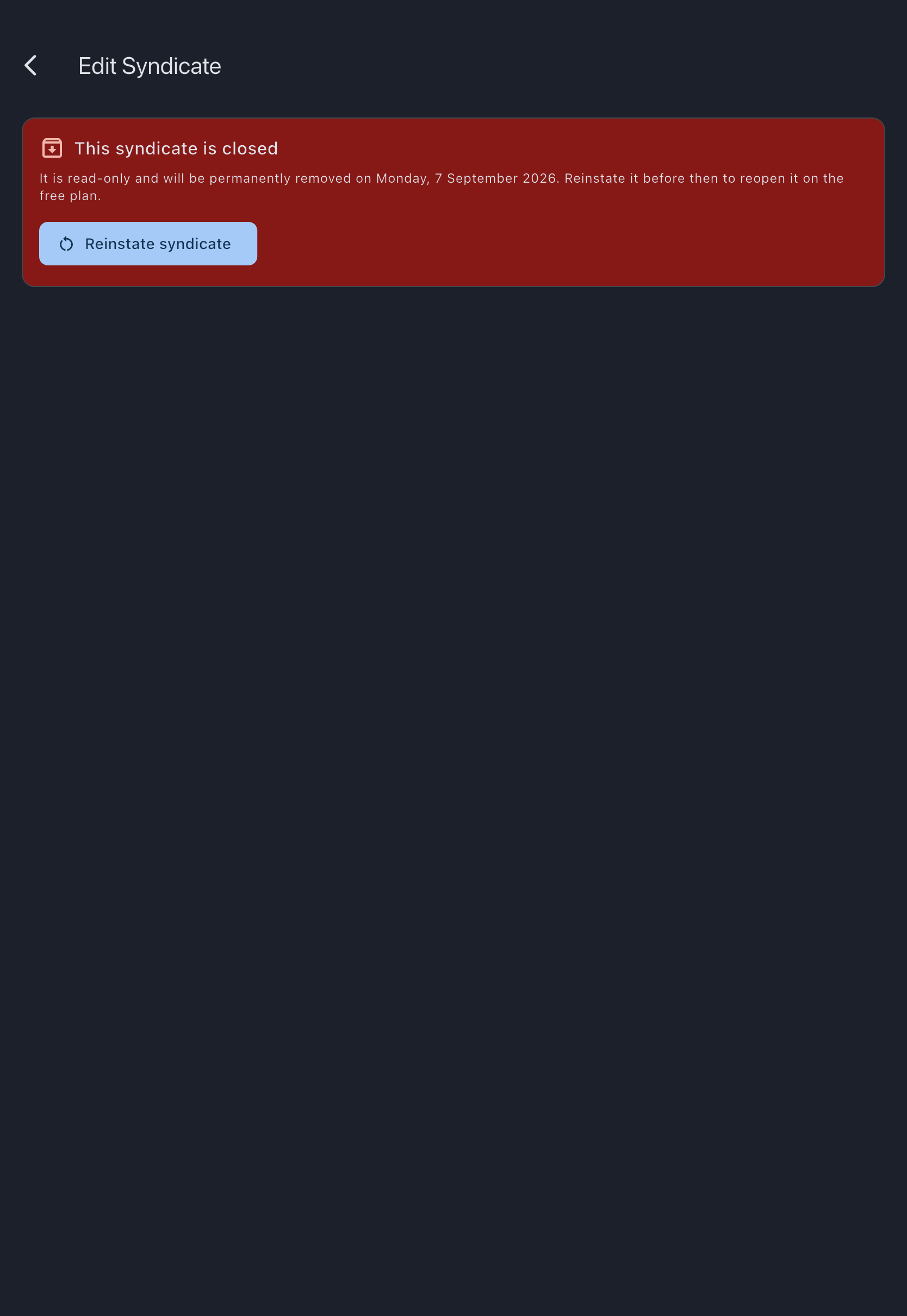 The Edit Syndicate screen for a closed syndicate, showing the read-only banner with its removal date and the Reinstate syndicate button