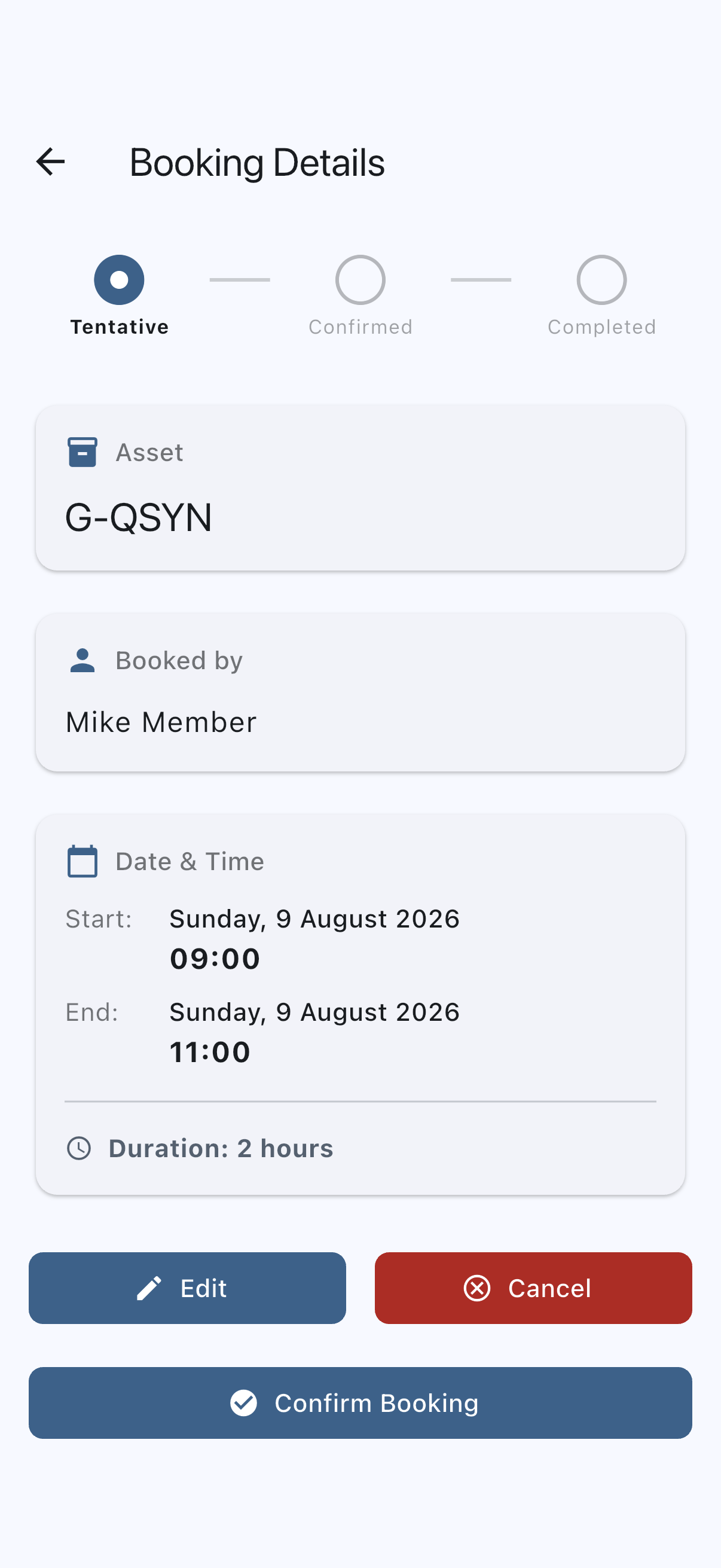 The booking detail screen for a tentative booking, with the Confirm Booking button below the booking details