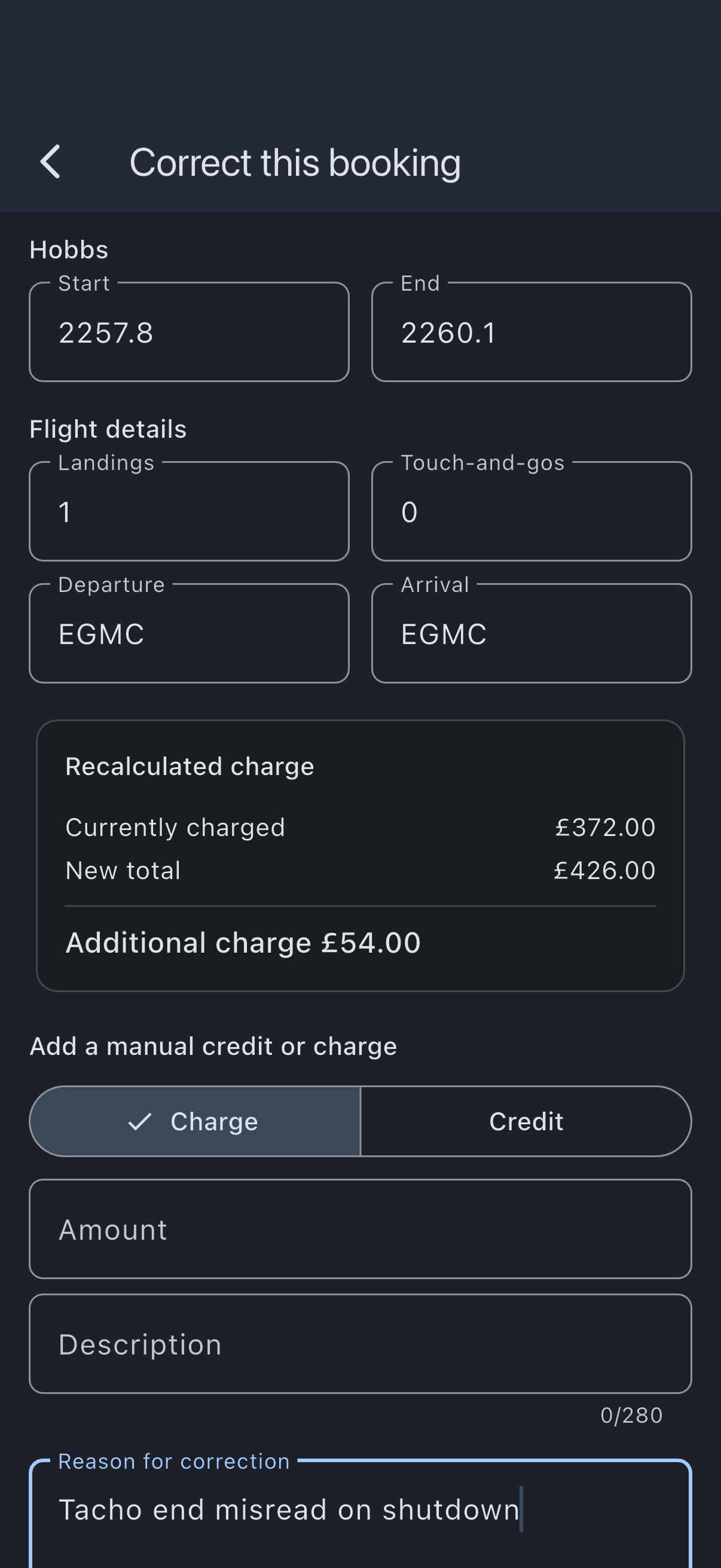The Correct this booking screen with corrected meter readings entered, the recalculated charge difference against the current total, and the reason field