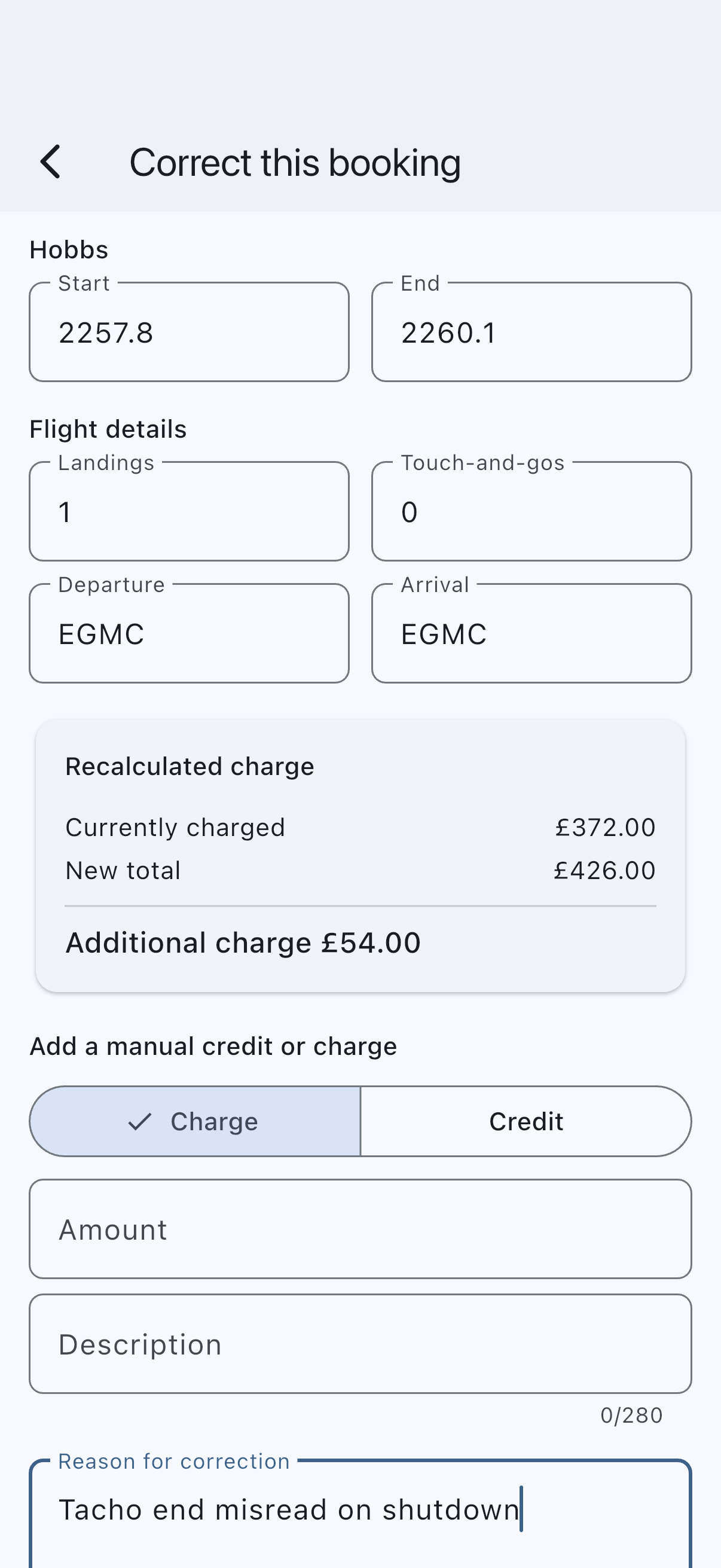 The Correct this booking screen with corrected meter readings entered, the recalculated charge difference against the current total, and the reason field