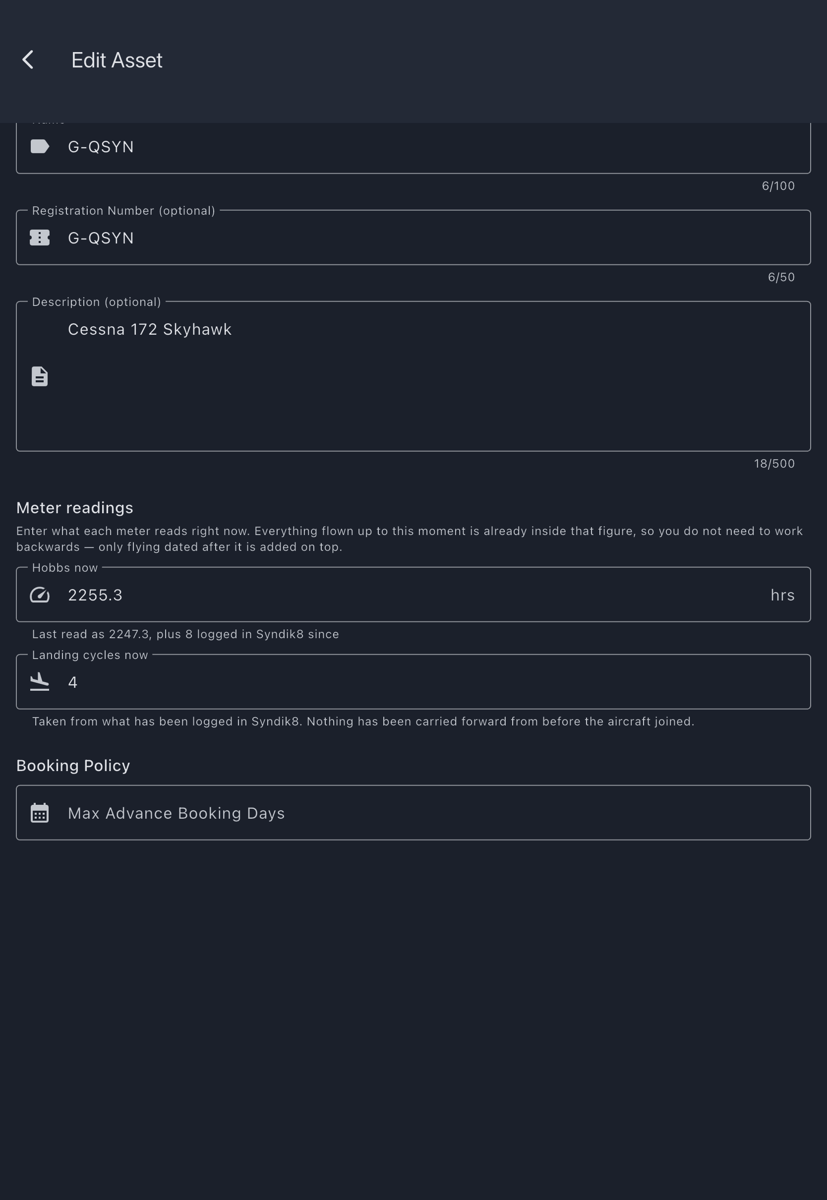 The Meter readings section of the Edit Asset screen, each measure showing what it reads now above a line explaining what it was last read as and how much has been logged in Syndik8 since