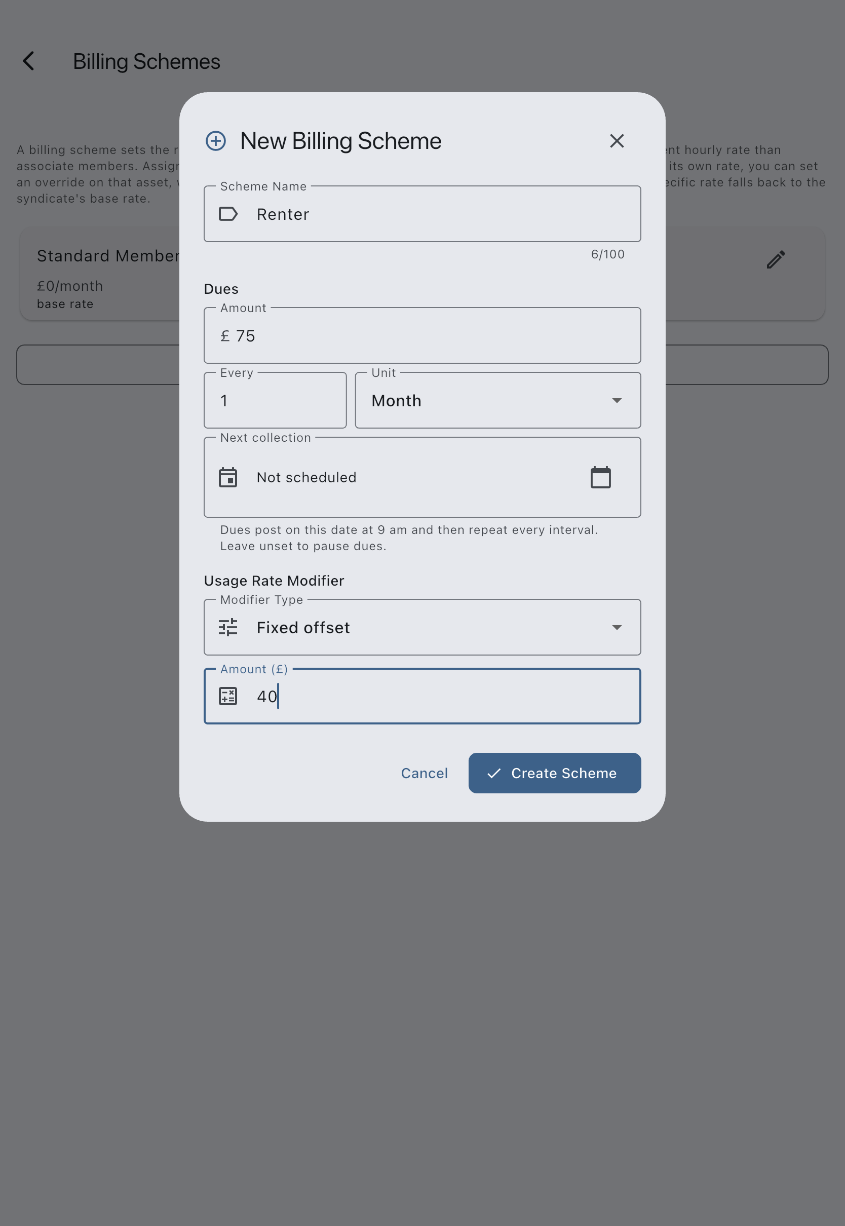 The create billing scheme screen with a scheme name, the dues amount and interval, and the usage rate modifier options showing Fixed offset and Percentage