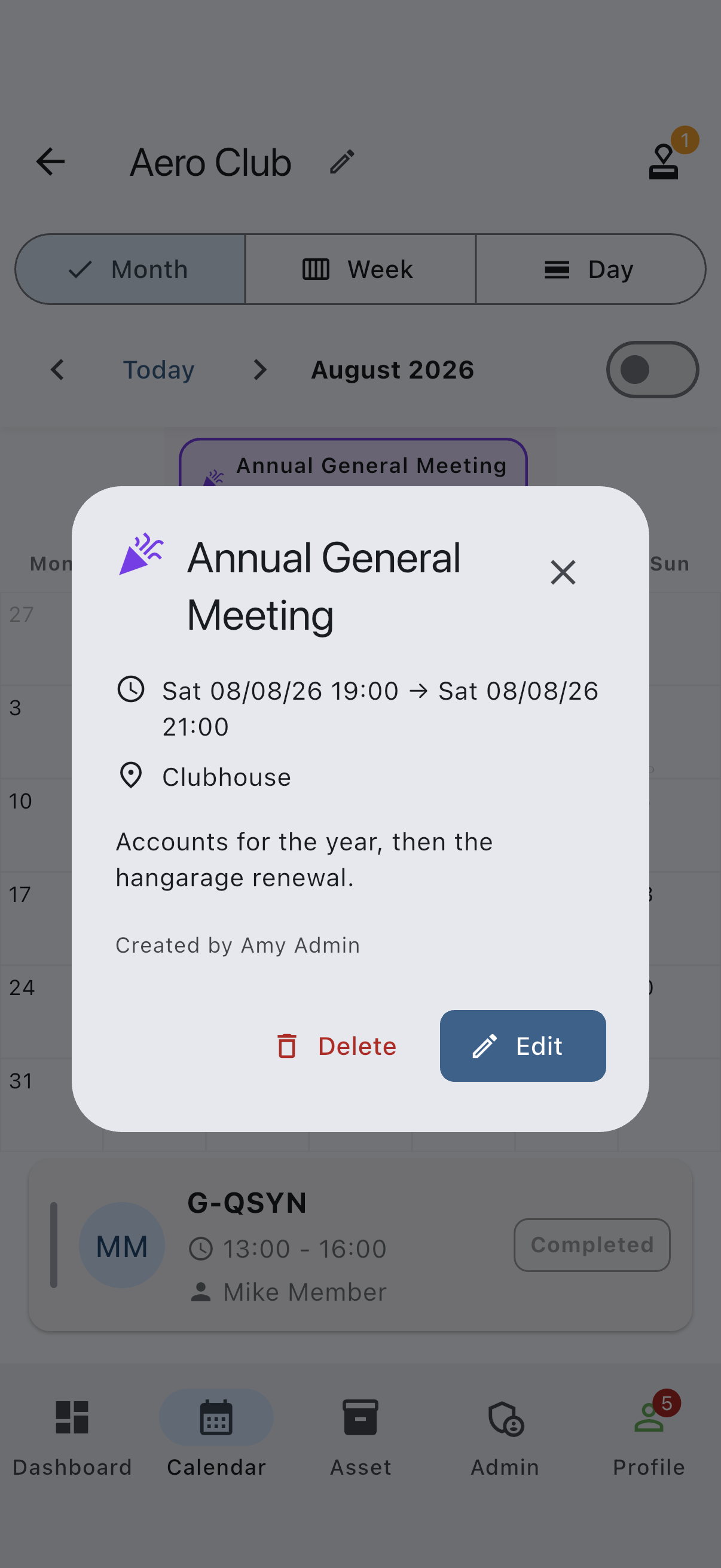 The event details dialog opened from the calendar, headed with the event title and showing its location, description and creator above the Delete and Edit buttons