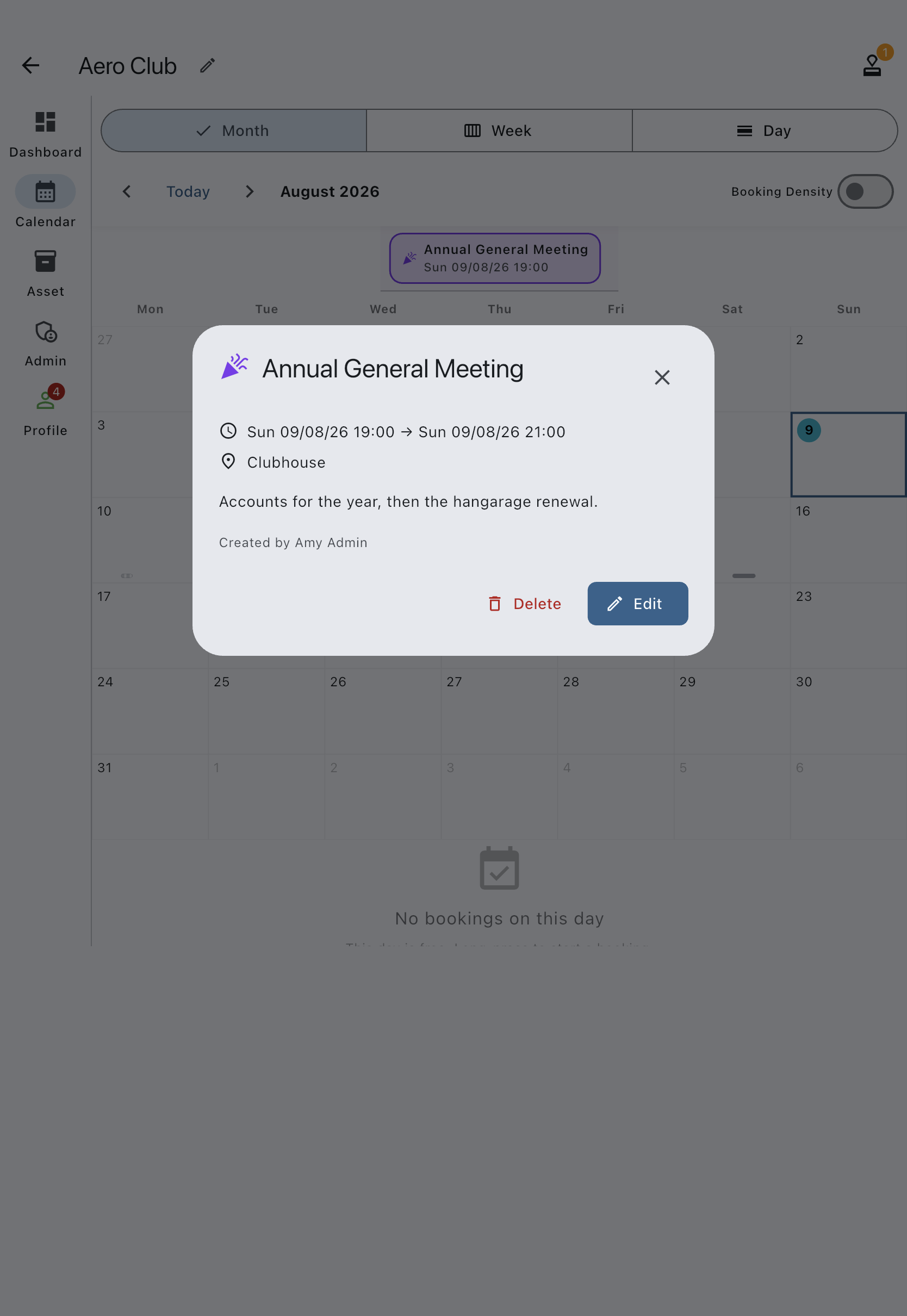 The event details dialog opened from the calendar, headed with the event title and showing its location, description and creator above the Delete and Edit buttons