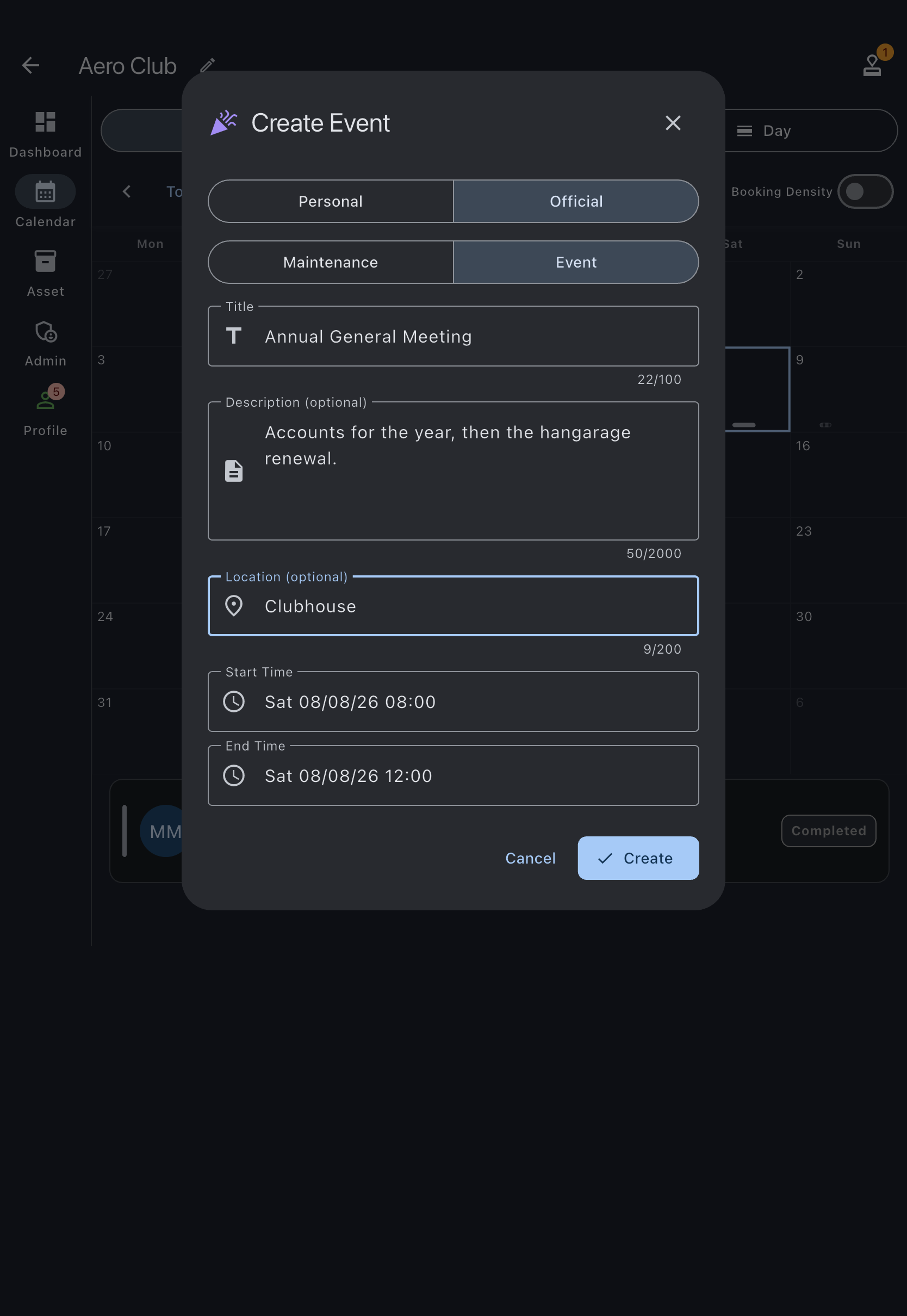 The create dialog in Event mode, titled Create Event, with Official selected on the top selector, Event selected on the Maintenance / Event sub-selector, and the Title, Description (optional) and Location (optional) fields below