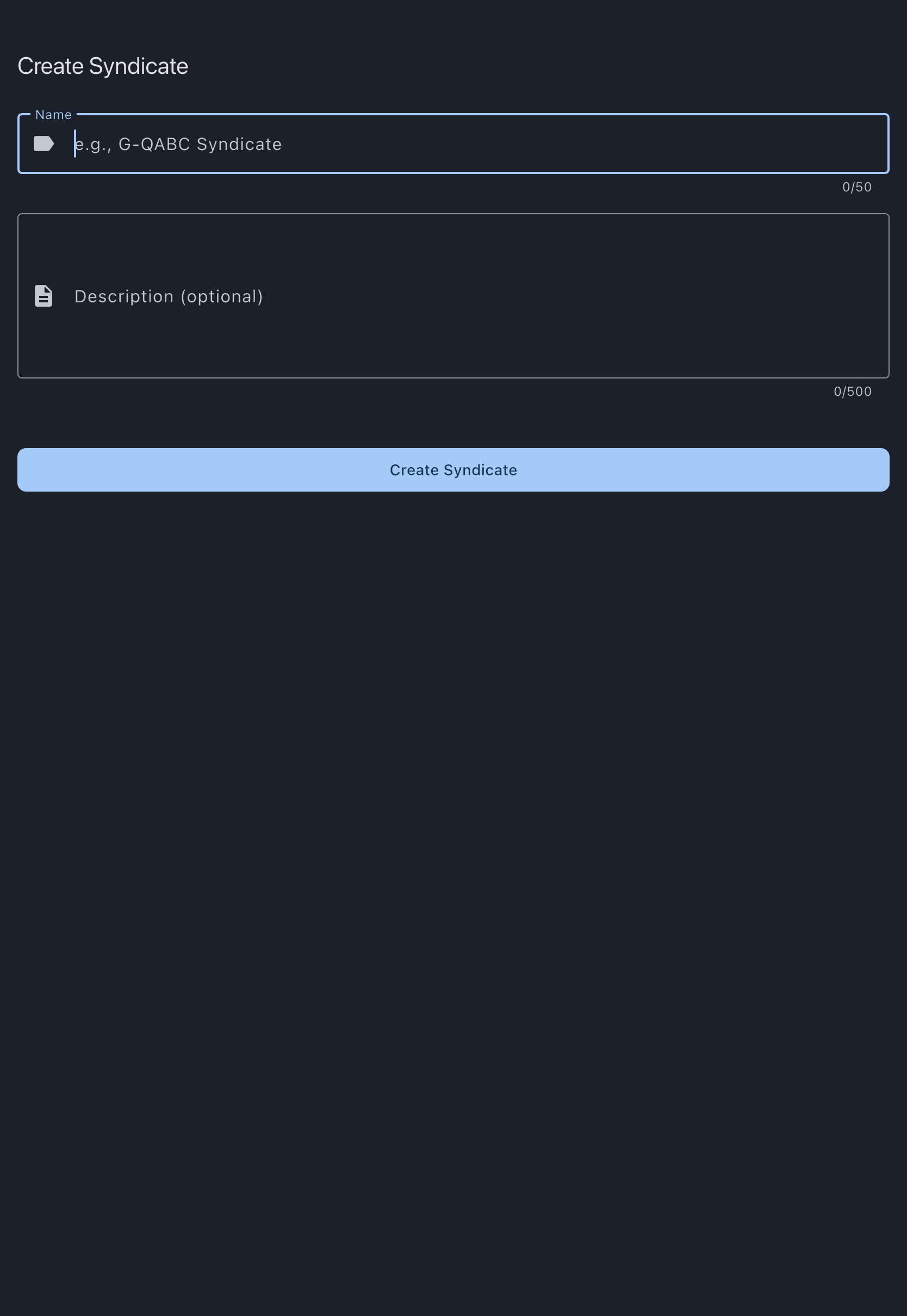 The Create Syndicate screen with the Name field, the optional Description field, and the Create Syndicate button