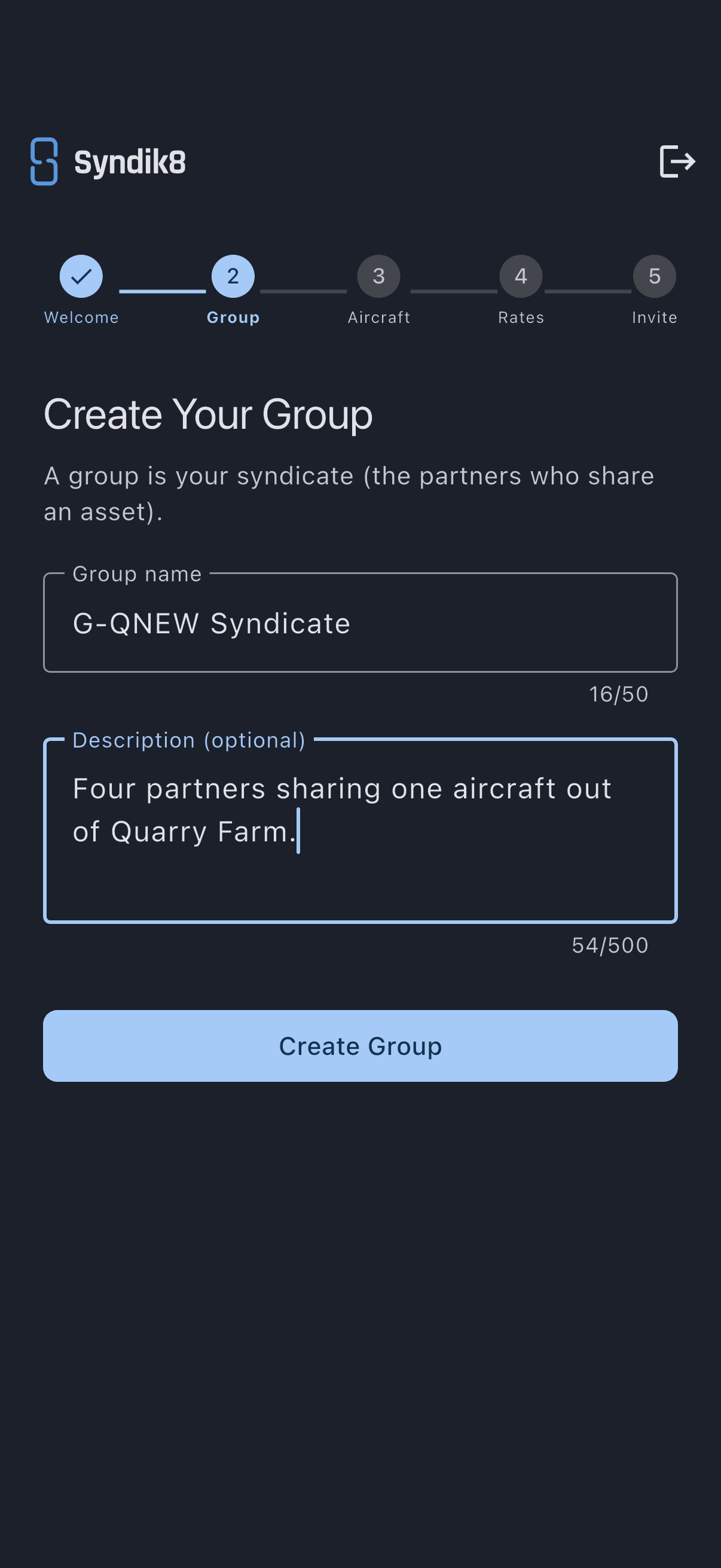 Create Your Group step with group name and description fields