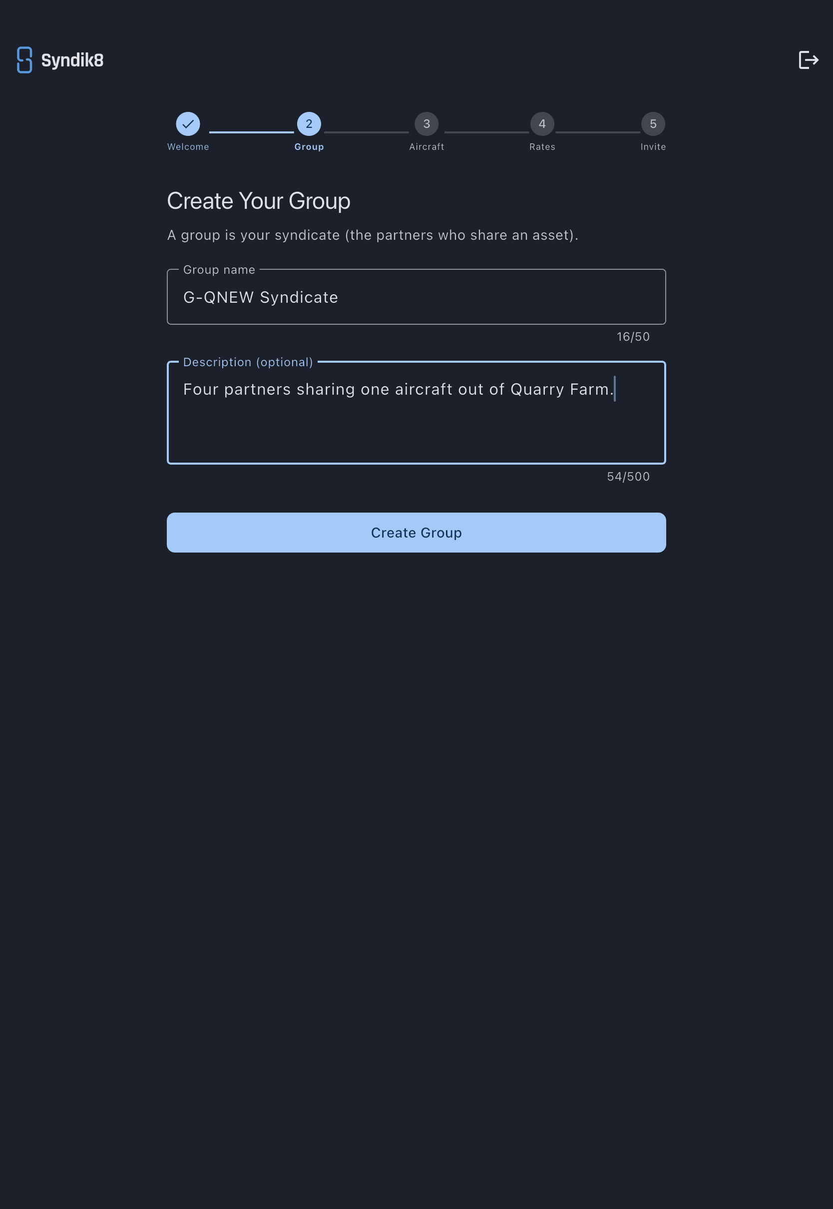 Create Your Group step with group name and description fields