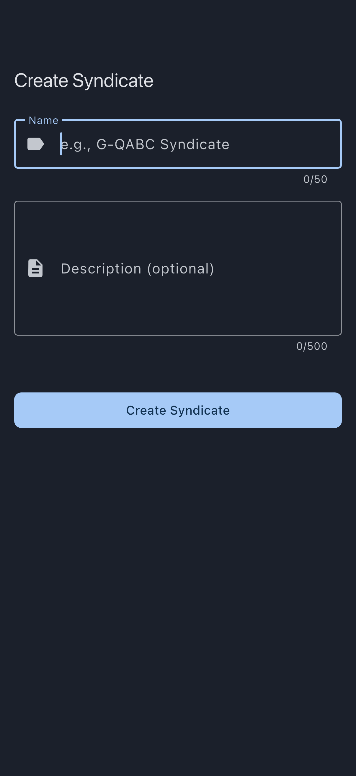 Create Syndicate screen with name and description fields