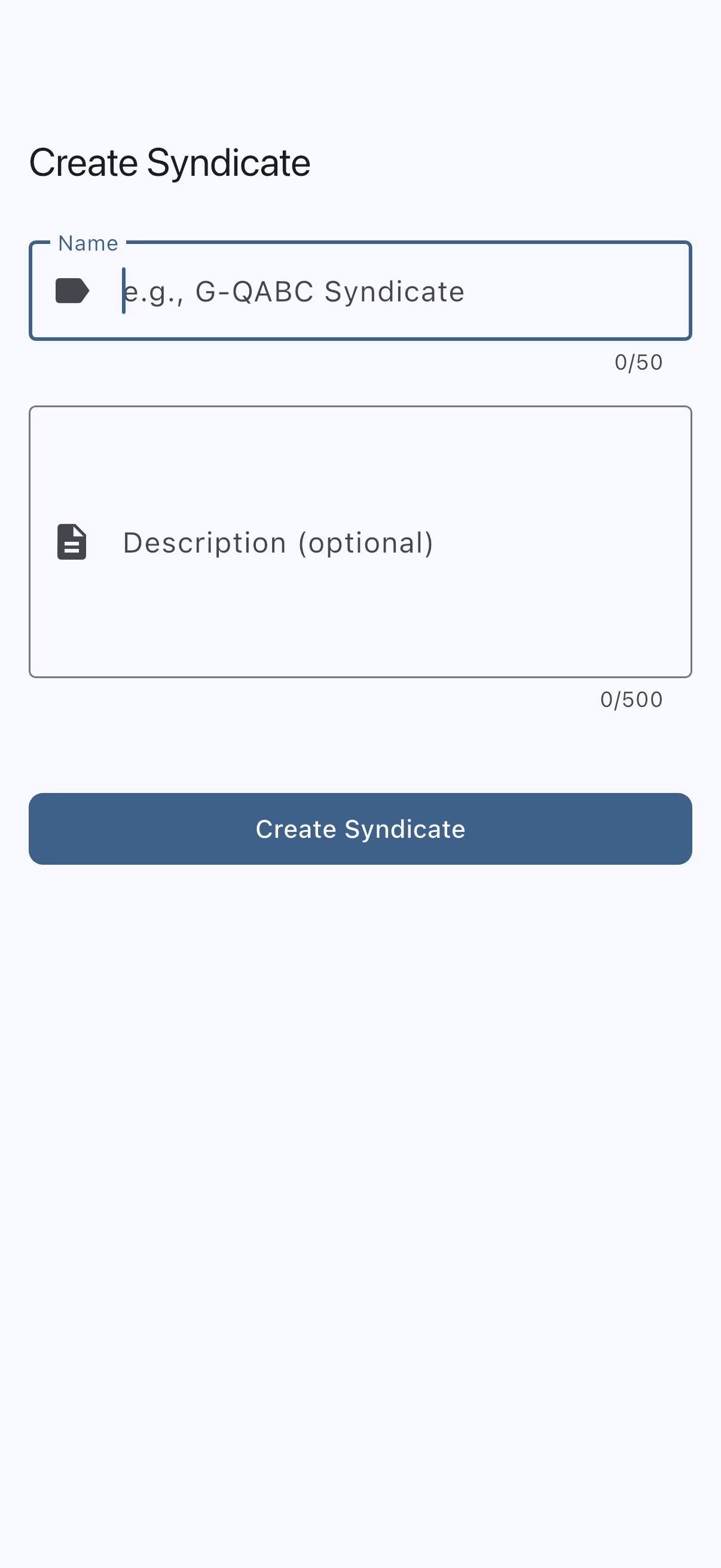 Create Syndicate screen with name and description fields