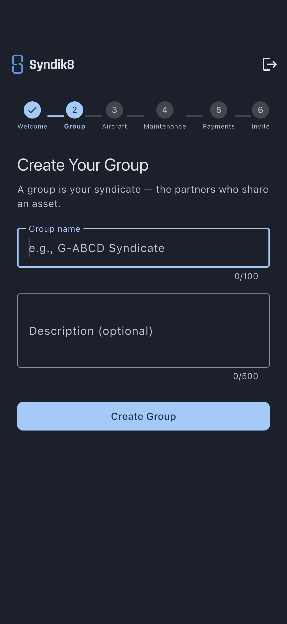 Create Your Group screen with name and description fields