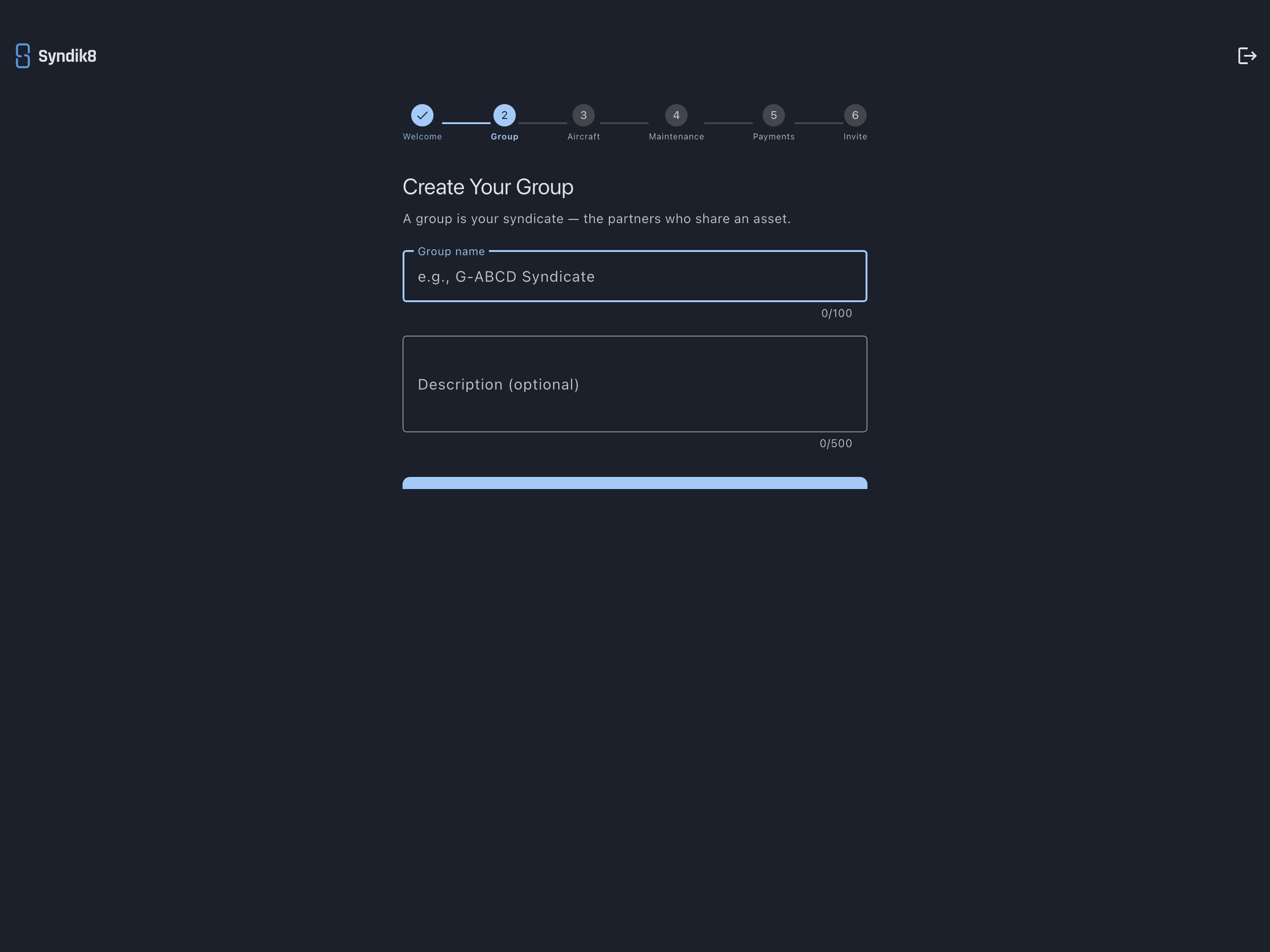 Create Your Group screen with name and description fields