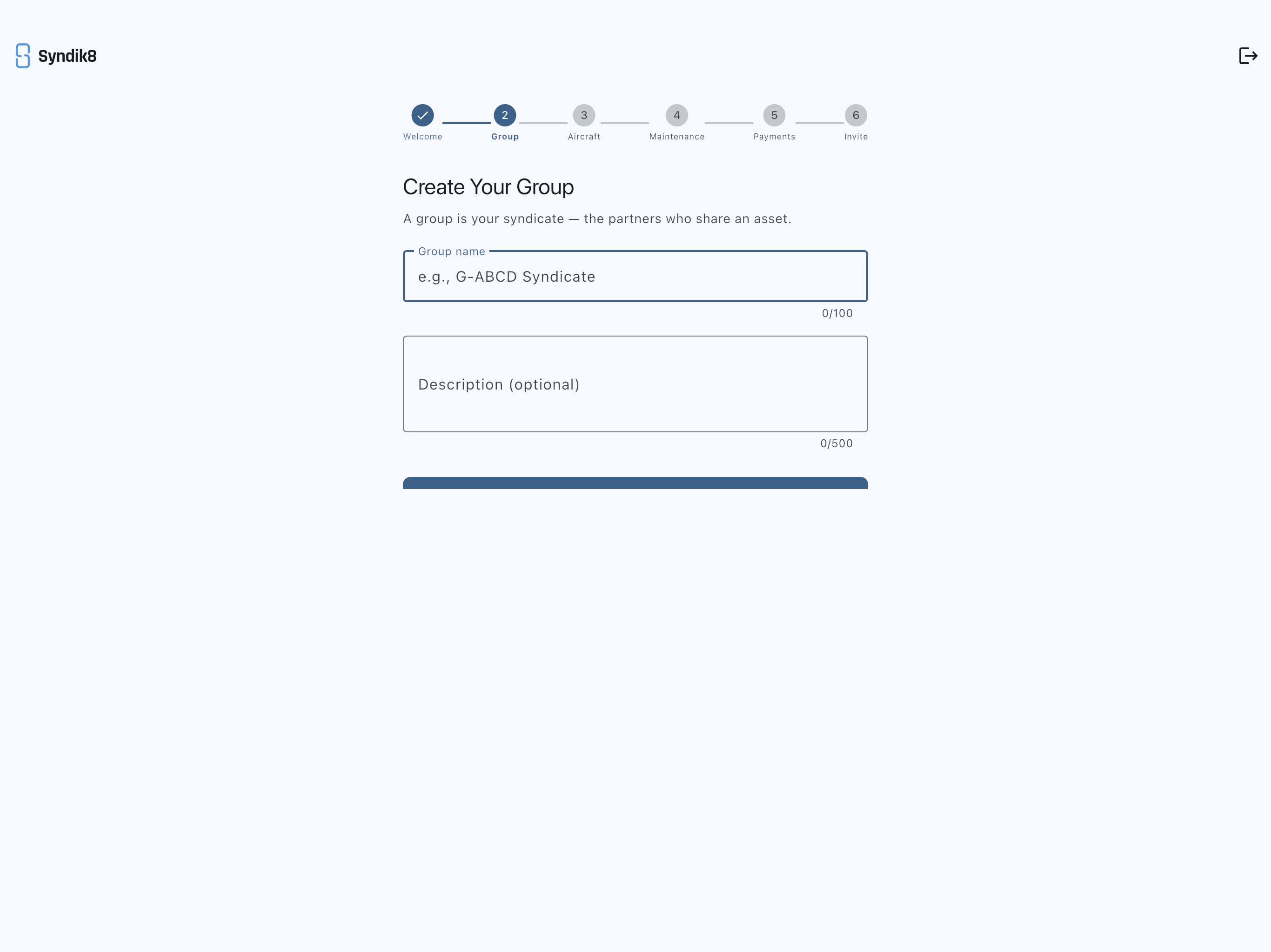 Create Your Group screen with name and description fields