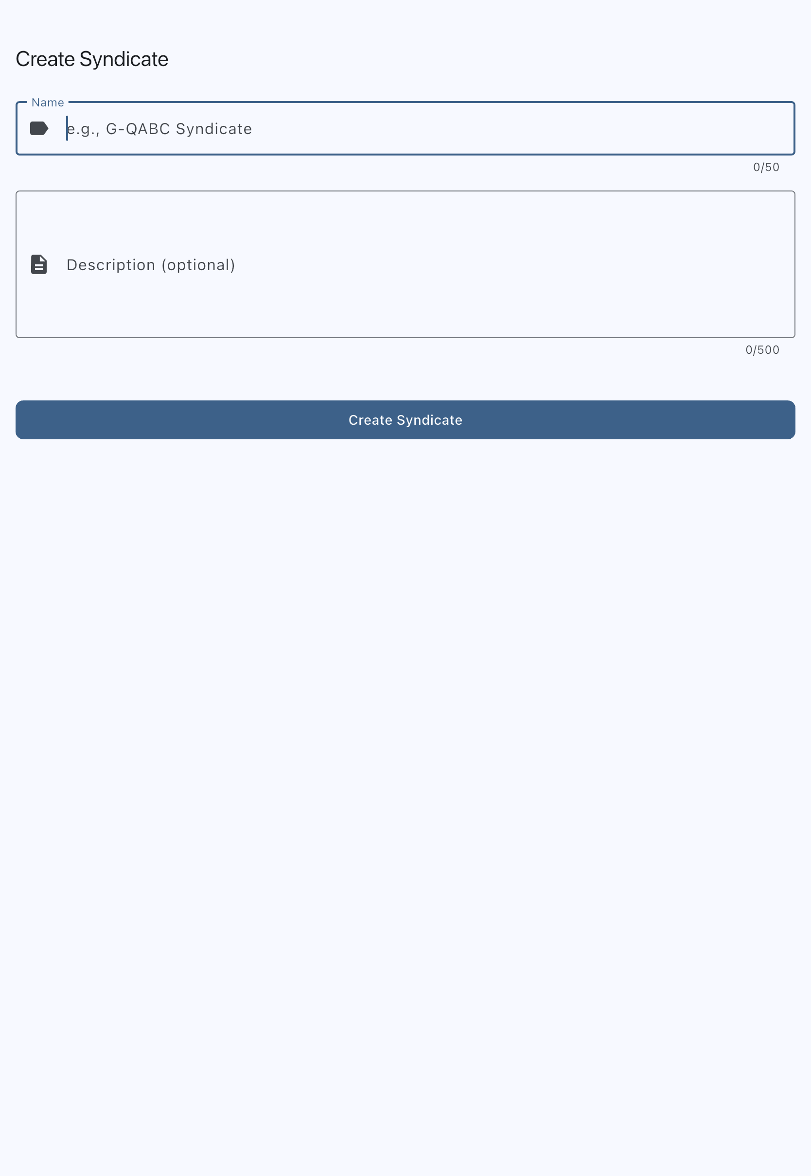 Create Syndicate screen with name and description fields