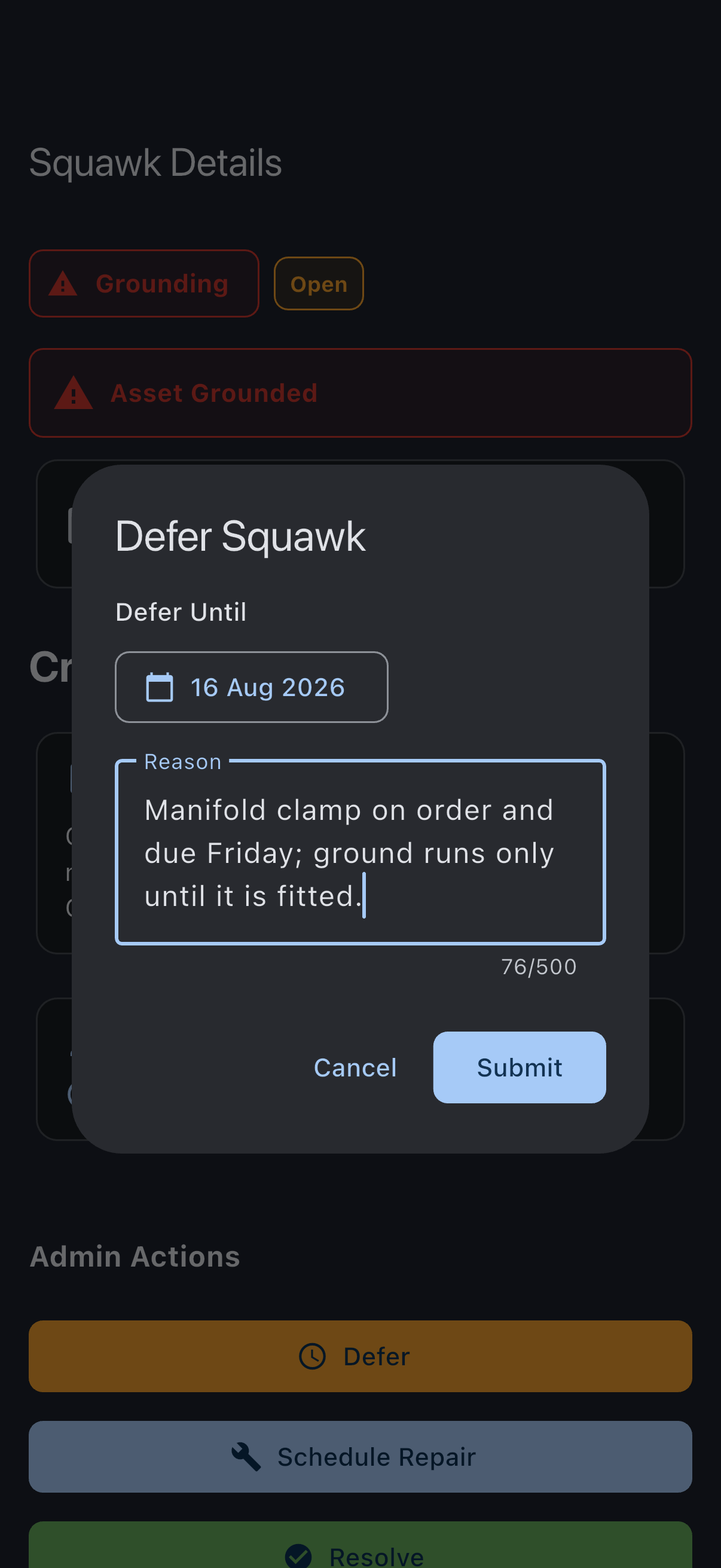 The Defer dialog with a Defer Until date selected and a reason explaining why the aircraft is safe to keep flying until that date